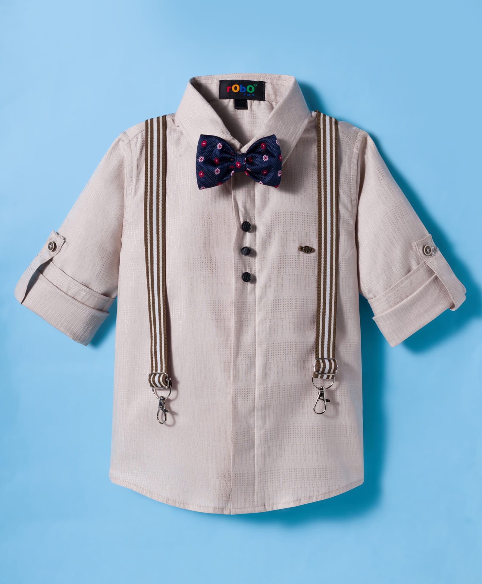 Robo Fry Cotton Woven Full Sleeves Solid Color Party Shirt with Bow & Suspender - Cream-picture-30