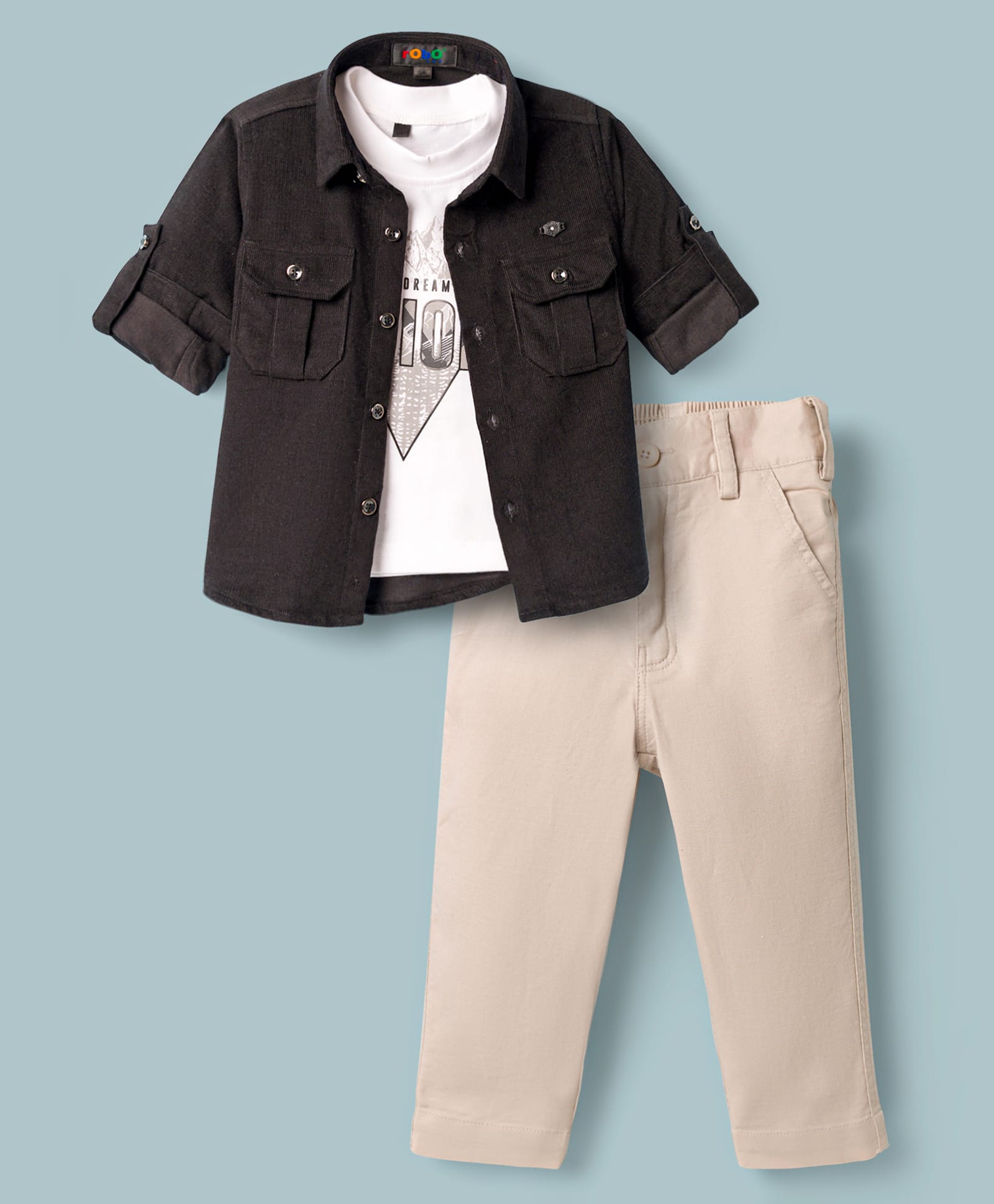 Robo Fry Cotton Woven Full Sleeves Party Shirt & Trouser Set With Printed Inner Tee - Black-picture-11
