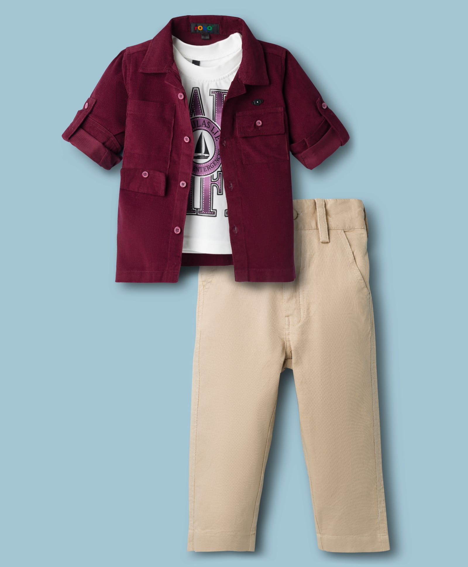 Robo Fry Cotton Woven Full Sleeves Party Shirt & Trouser Set With Printed Inner Tee - Maroon-image-2