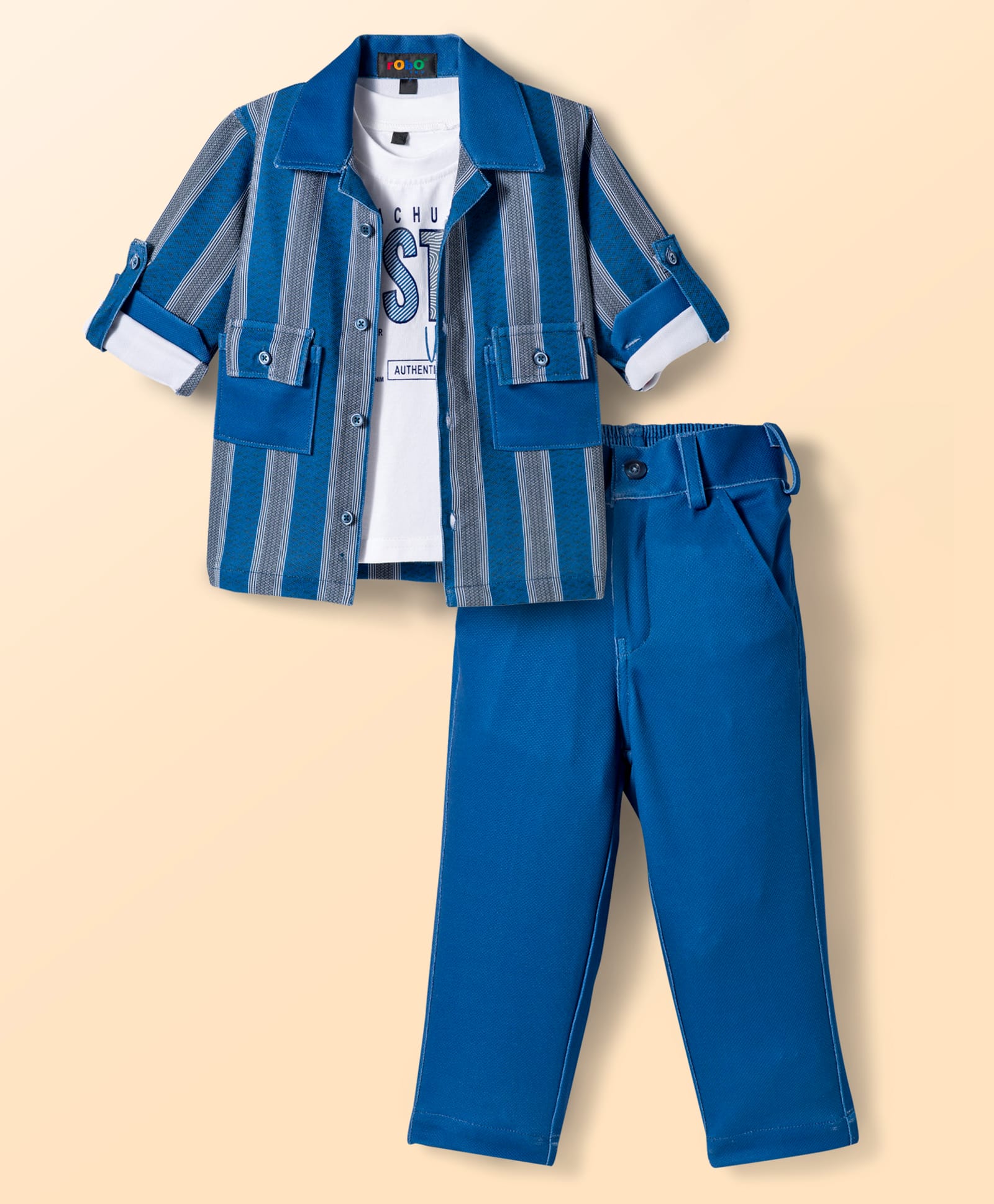 Robo Fry Cotton Woven Full Sleeves Striped Party Shirt & Pant Set with Tee - Royal Blue-picture-18