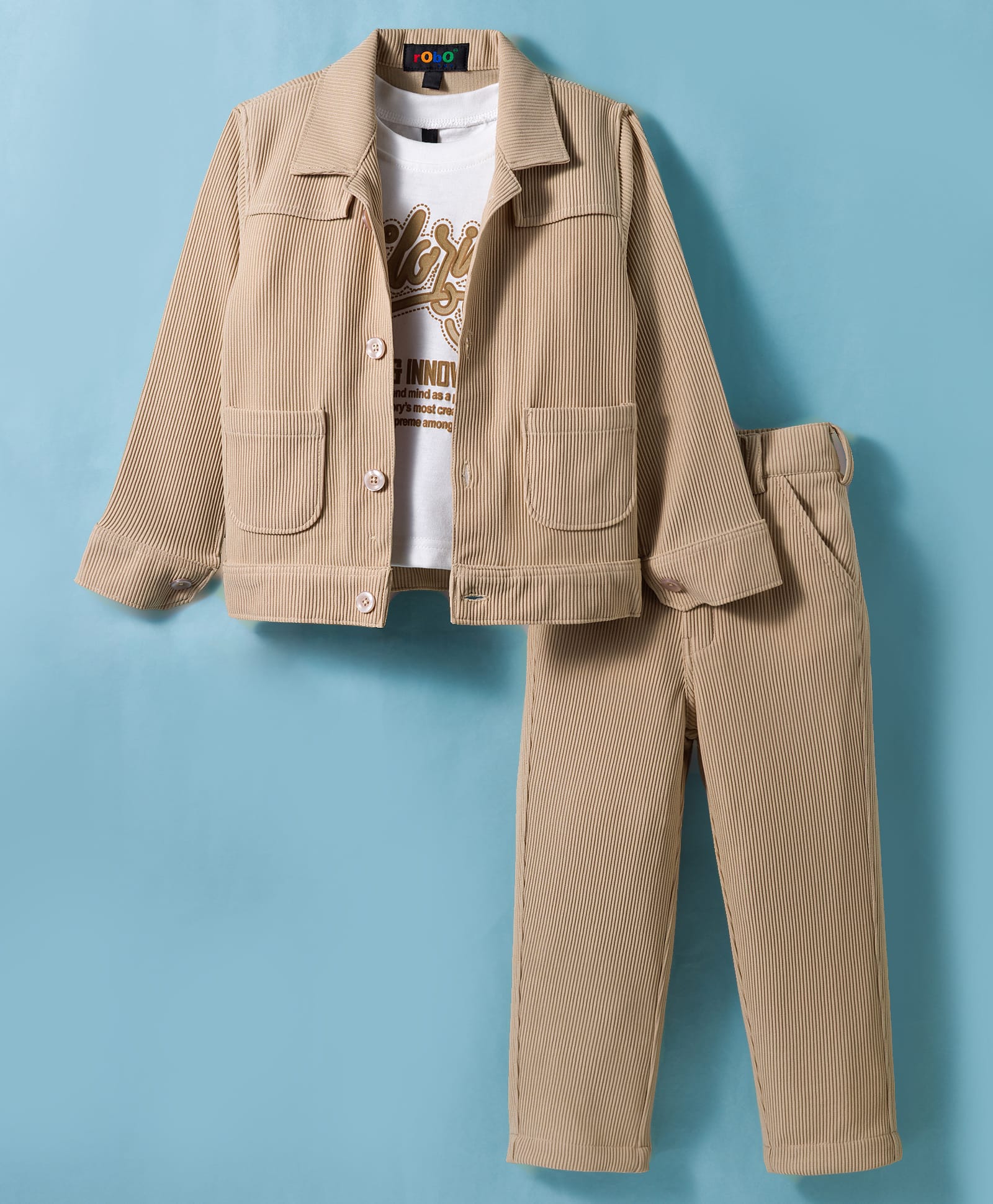 Robo Fry Cotton Woven Full Sleeves Party Shirt & Trouser Set With Printed Inner Tee - Tan-image-0