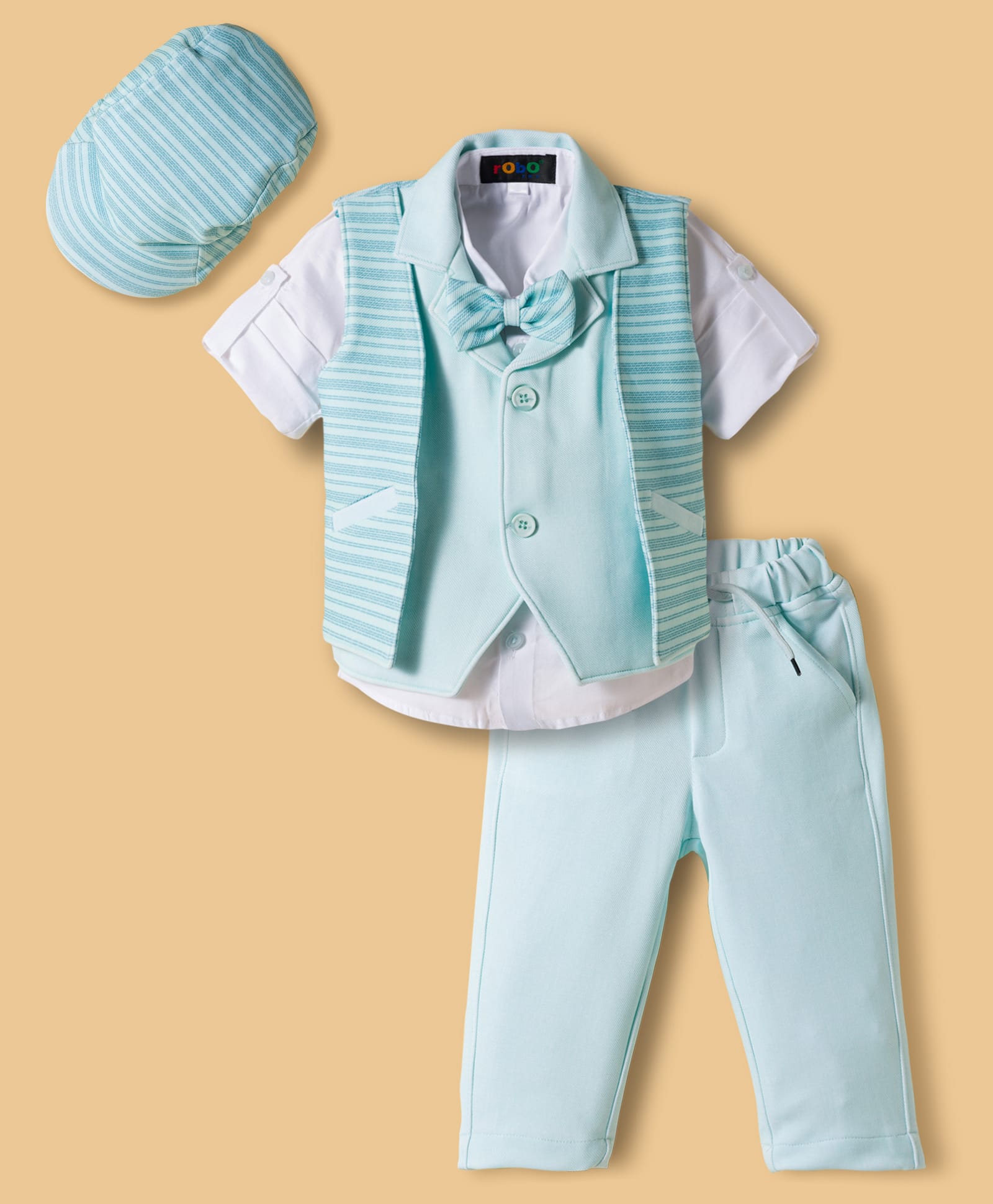 Robo Fry Cotton Woven Full Sleeves Solid 3 Piece Party Suit With Bow & Cap - Sea Green-image-30