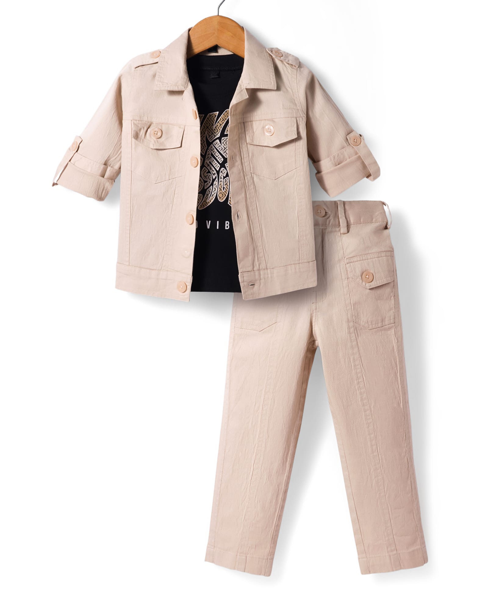 Robo Fry Cotton Woven Full Sleeves Solid Party Twofer Shirt & Trouser Set - Beige-picture-21
