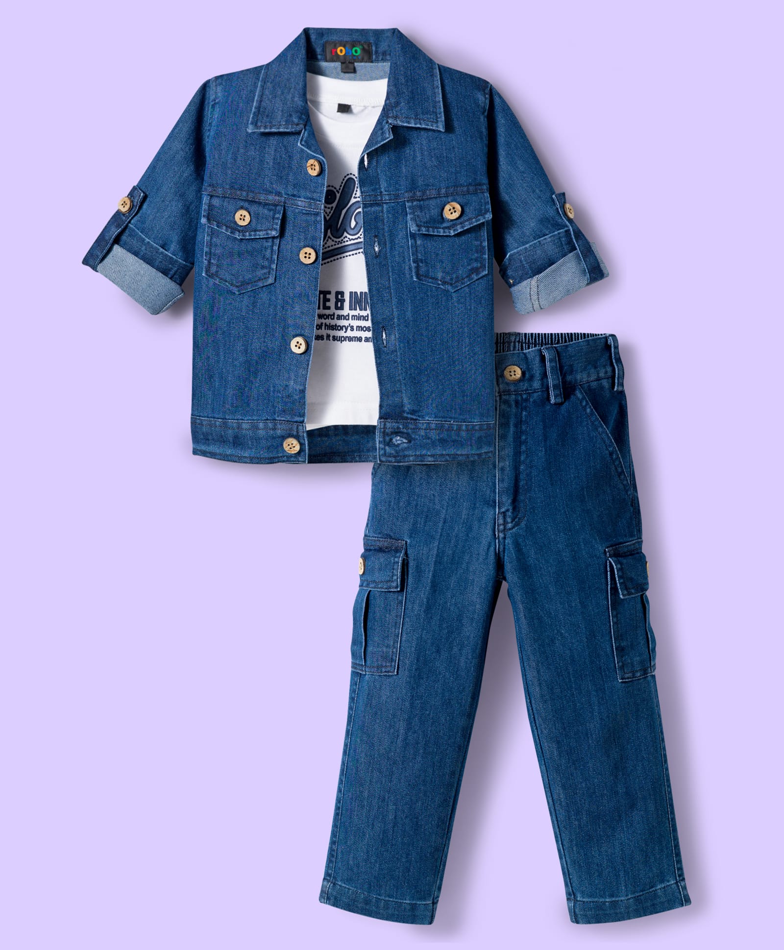 Robo Fry Cotton Woven Full Sleeves Solid Color Party Shirt & Pant Set with Tee - Blue-picture-22