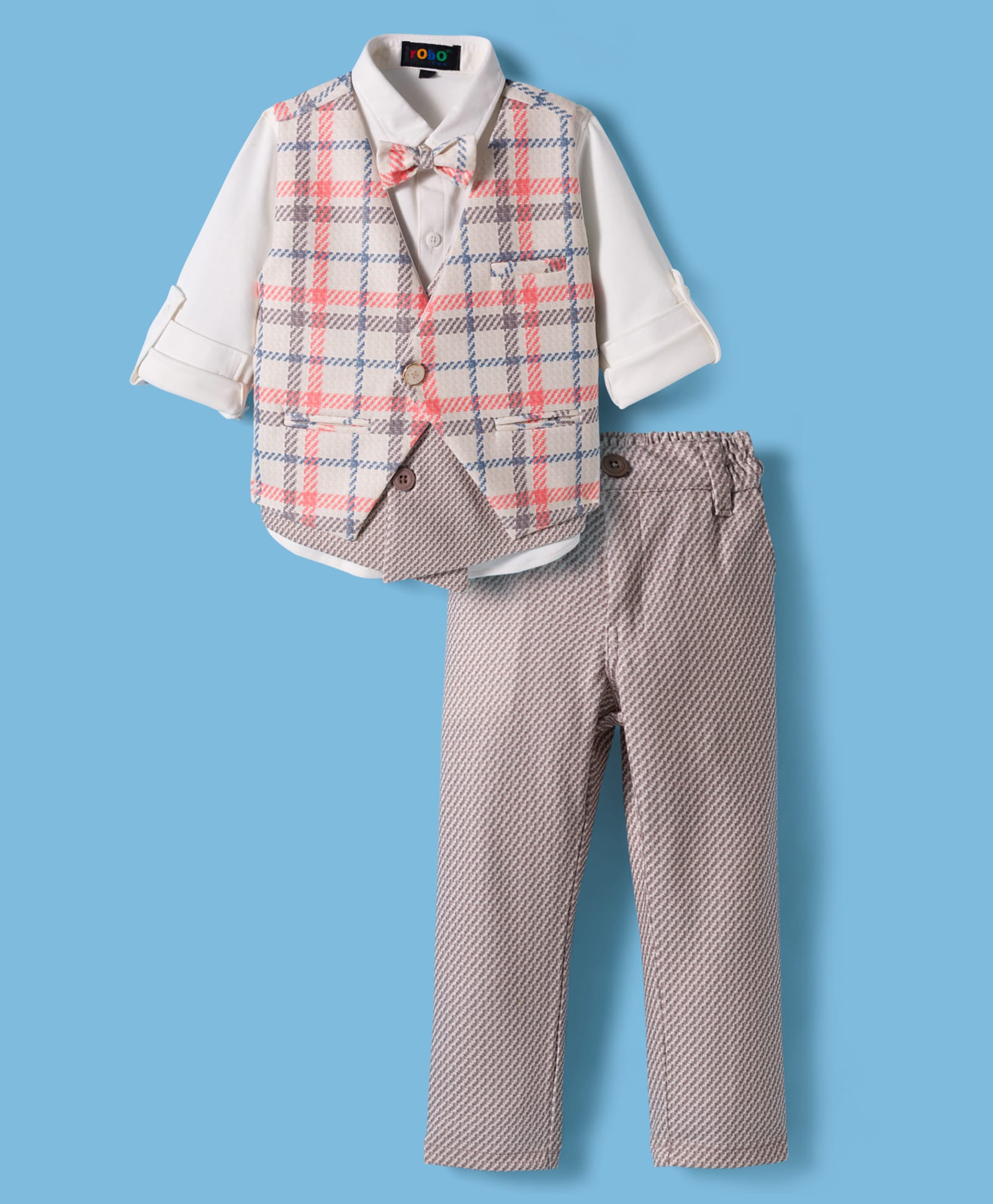Robo Fry Cotton Woven Full Sleeves Three Piece Party Suit with Bow & Checks - Beige-picture-28