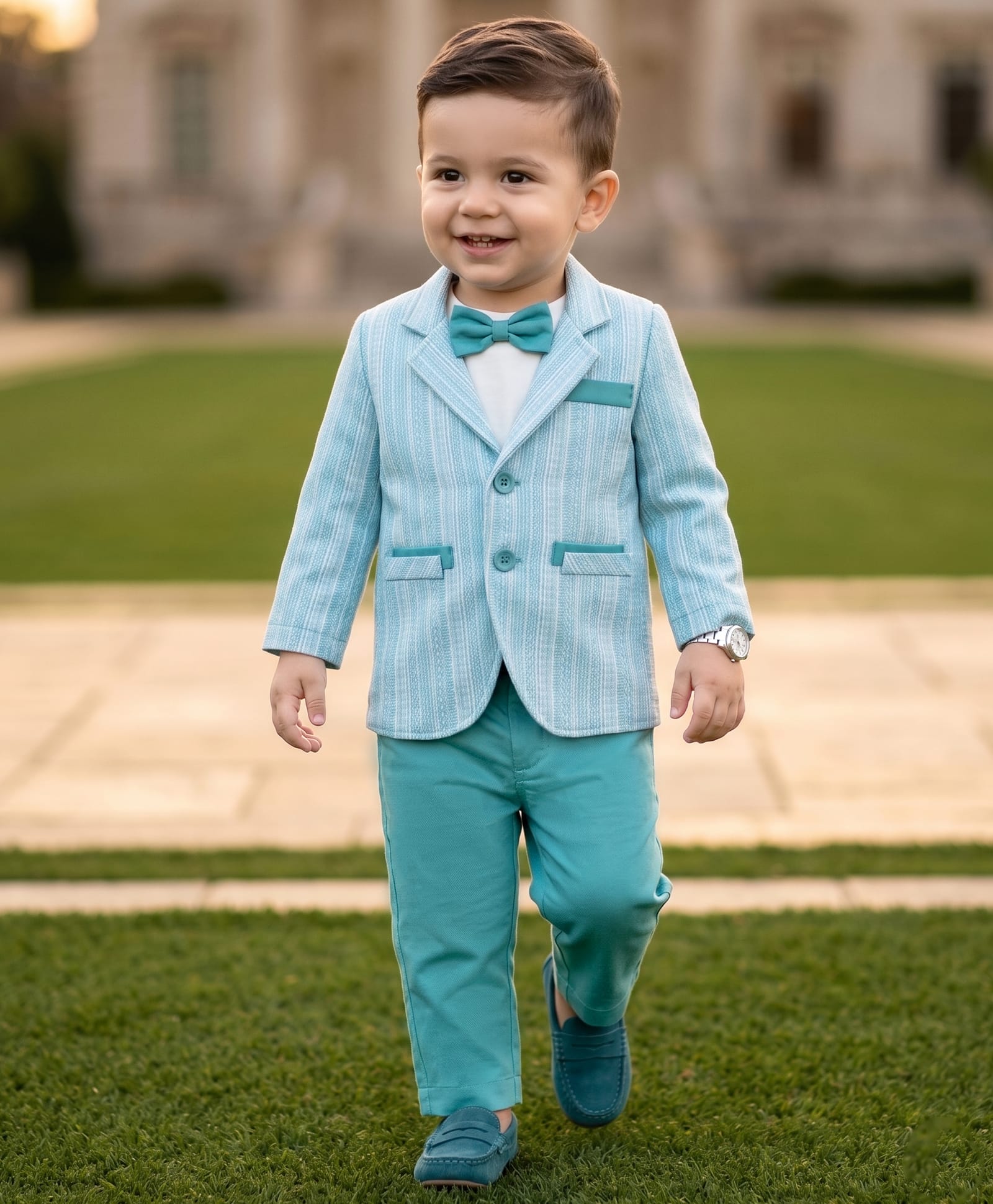 Robo Fry Cotton Woven Solid Color Party T-Shirt & Pant Set with Full Sleeves Blazer & Bow Applique - Aqua Blue-picture-14