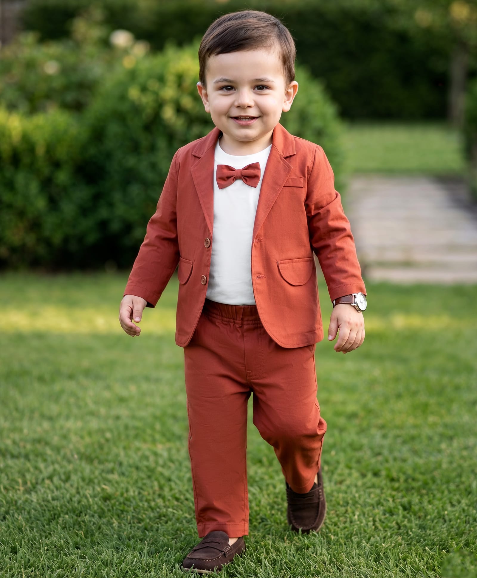 Robo Fry Cotton Woven Solid Color Party T-Shirt & Pant Set with Full Sleeves Blazer & Bow Applique - Rust Orange-picture-16
