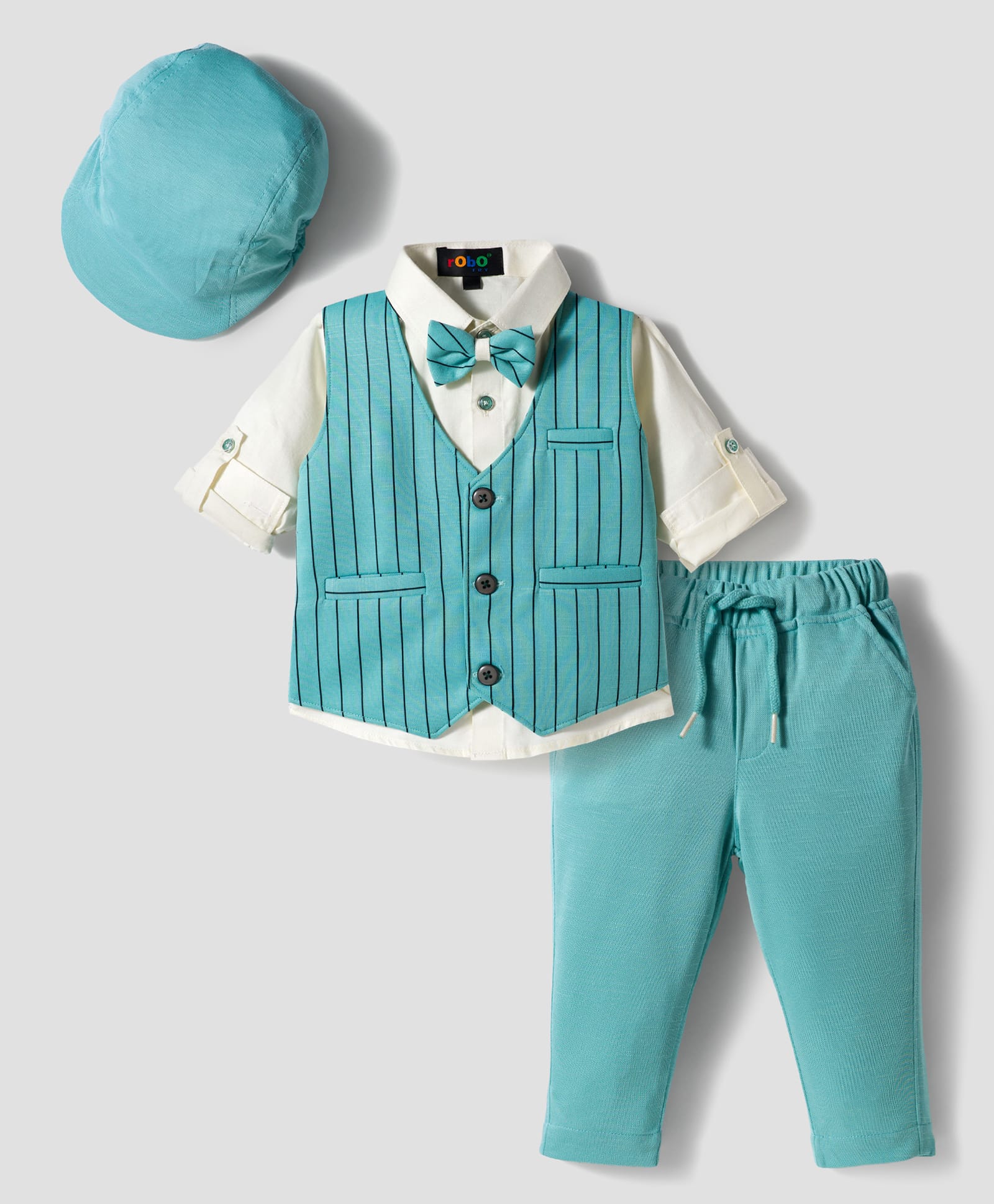 Robo Fry Cotton Woven Full Sleeves Striped 3 Piece Party Suit with Bow & Cap - Turquoise-picture-27