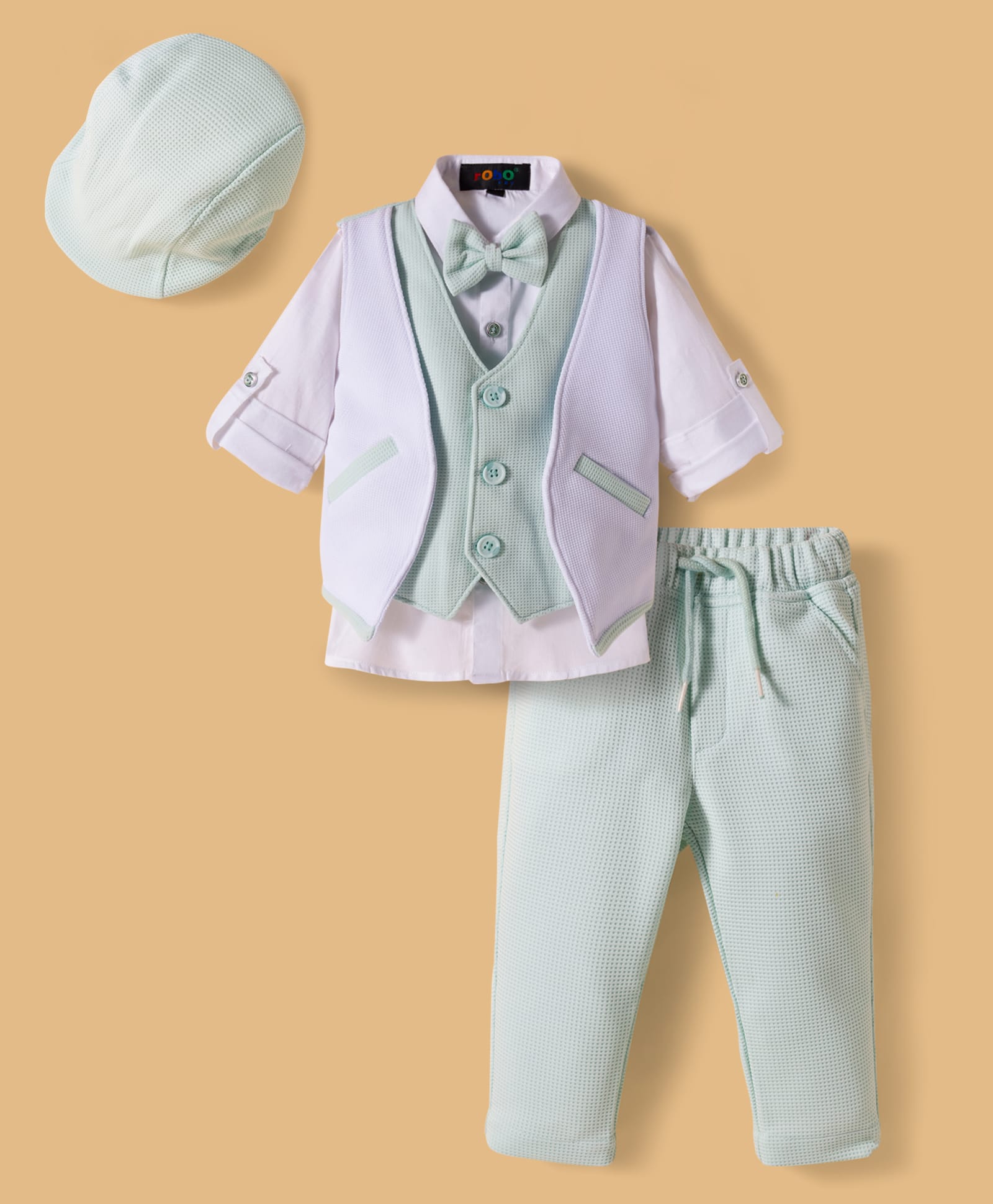 Robo Fry Cotton Woven Full Sleeves Solid Color Three Piece Party Suit with Bow & Cap - Sea Green-picture-20