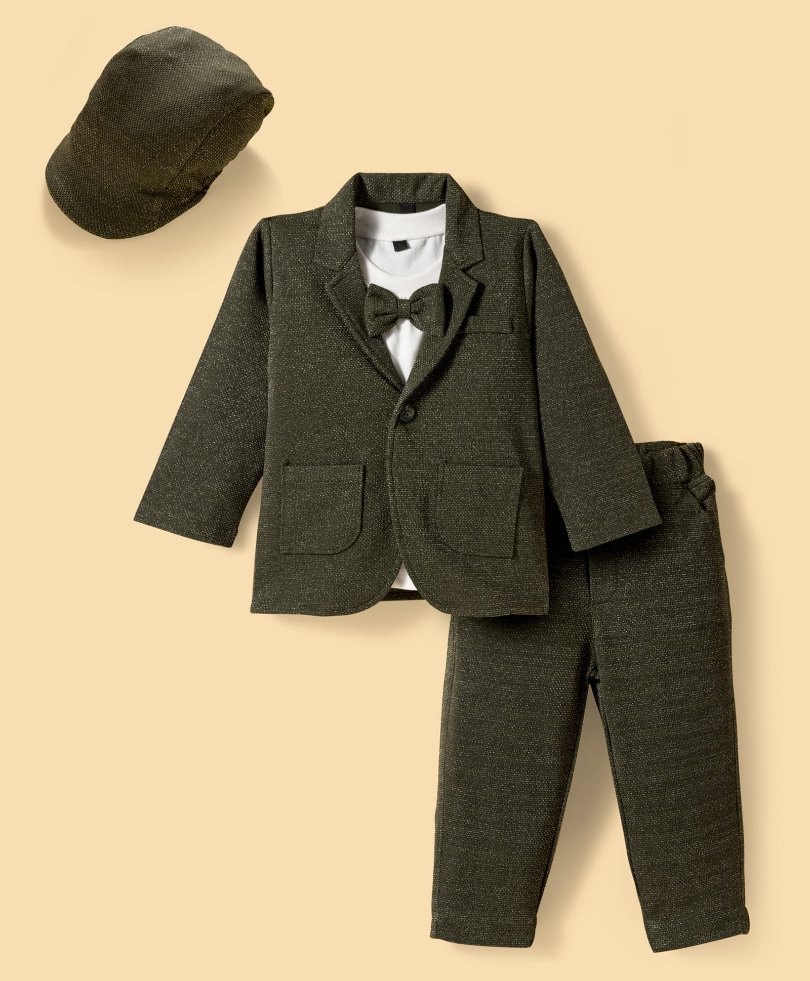 Robo Fry Cotton Woven Solid Color Party T-Shirt & Trouser with Full Sleeves Blazer & Bow Applique - Dark Green-picture-28