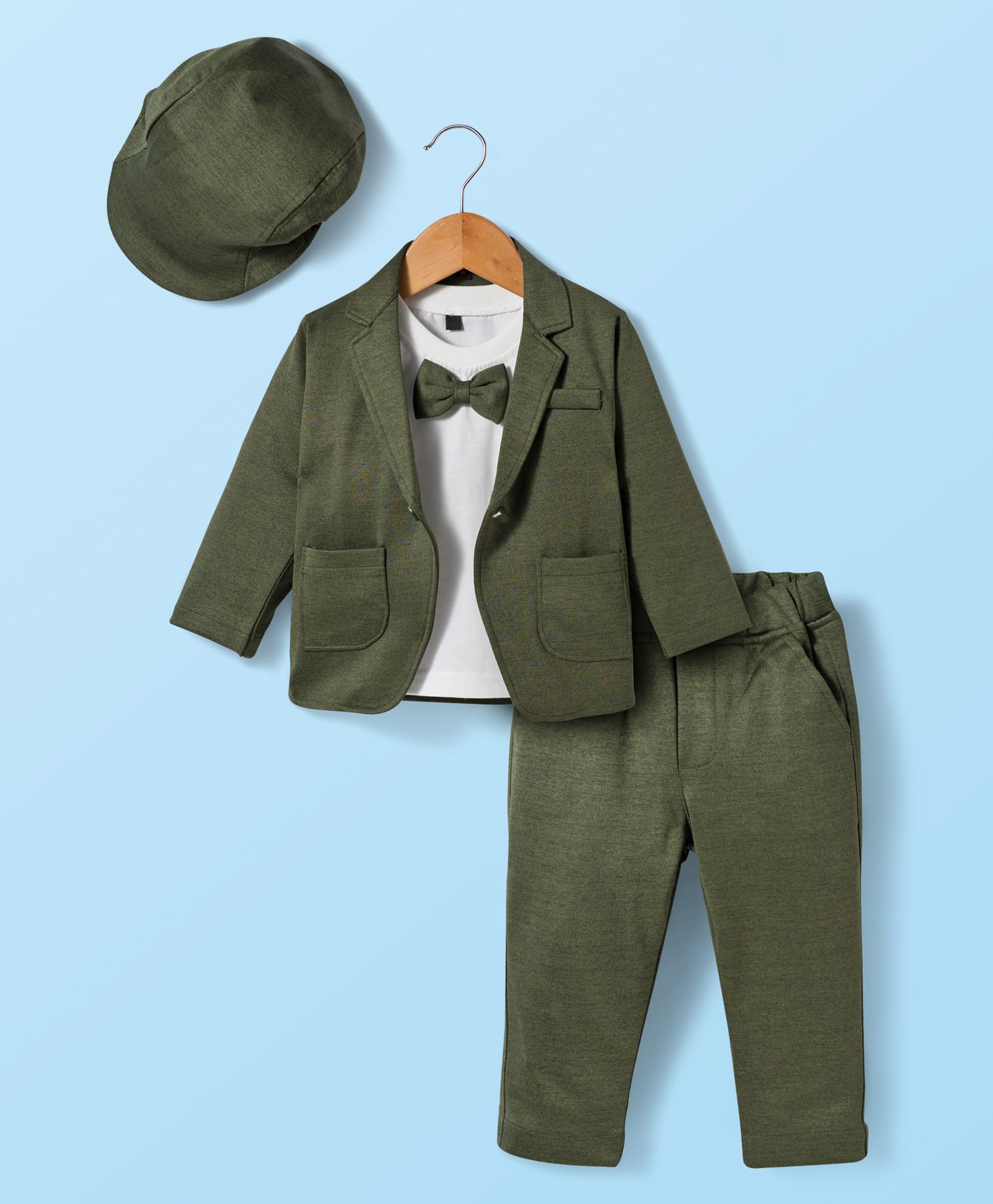 Robo Fry Cotton Woven Full Sleeves Solid Color Party T-Shirt & Pant with Blazer & Cap Bow Applique - Dark Green-picture-17