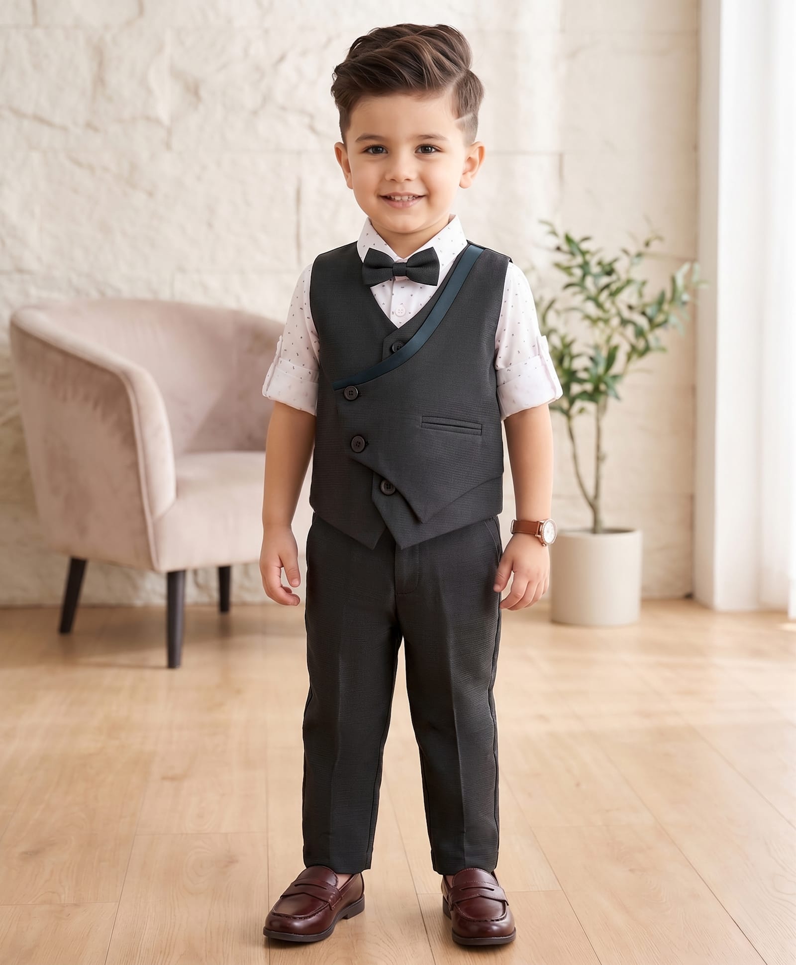 Robo Fry Cotton Woven Full Sleeves Solid Color 3 Piece Party Suit with Bow - Dark Green-picture-24