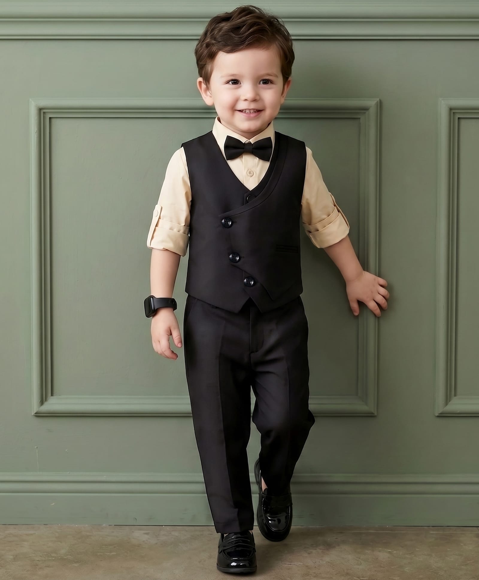 Robo Fry Cotton Woven Full Sleeves Solid Color 3 Piece Party Suit with Bow - Black-picture-29