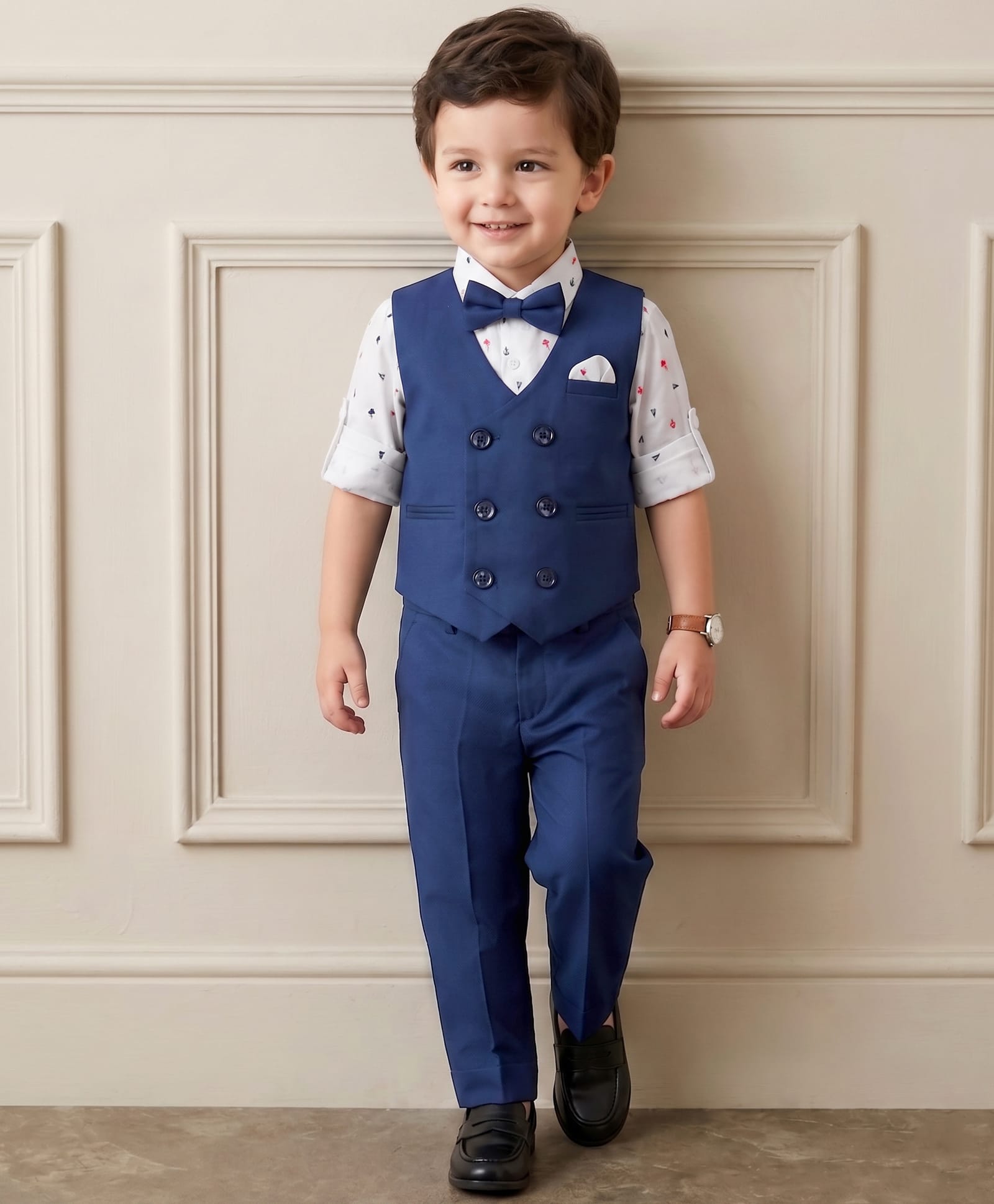 Robo Fry Cotton Woven Full Sleeves 3 Piece Party Suit with Bow & Nautical Theme Print - Navy Blue-picture-15