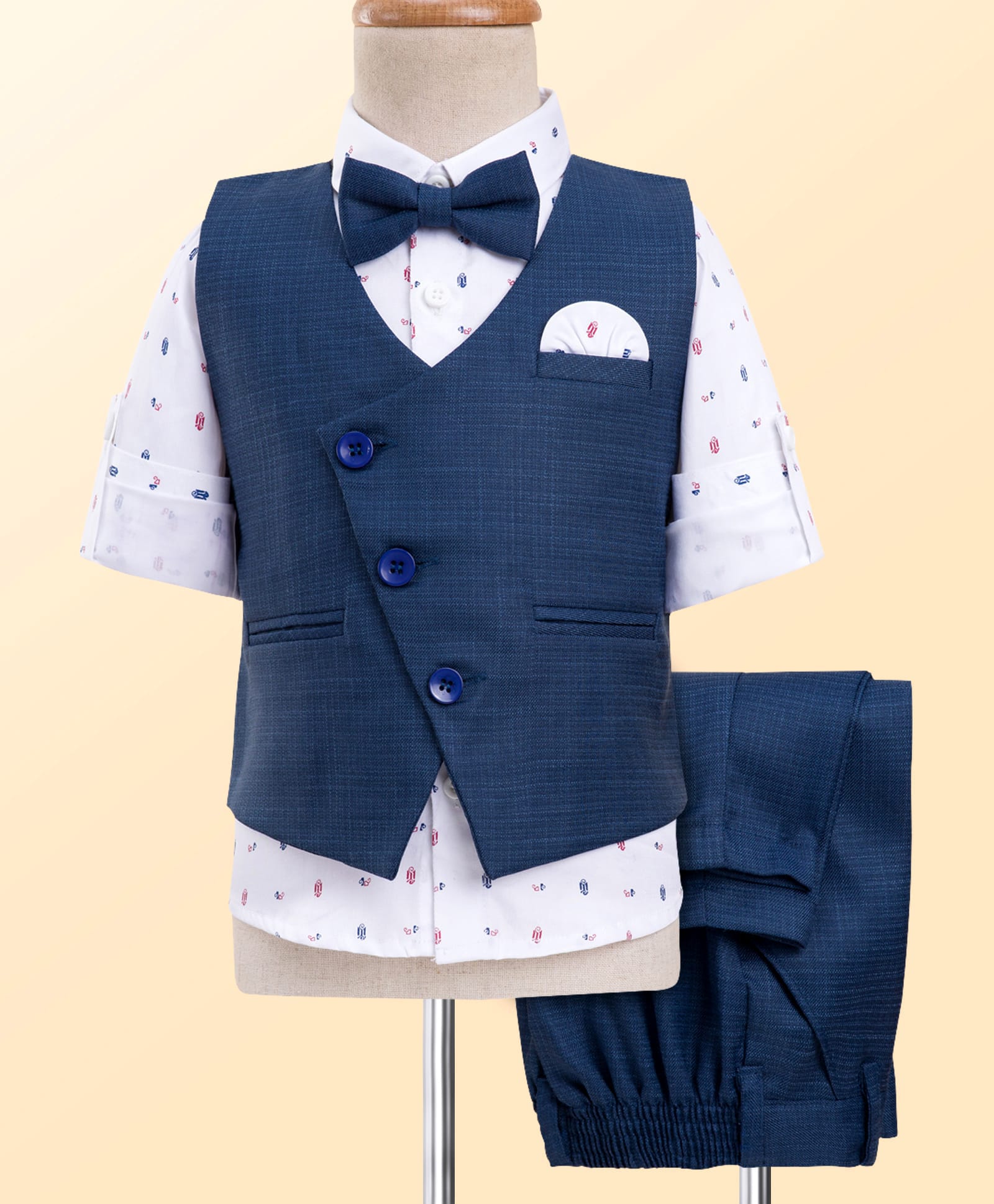 Robo Fry Cotton Woven Full Sleeves 3 Piece Party Suit With Bow - Navy Blue & White-picture-12