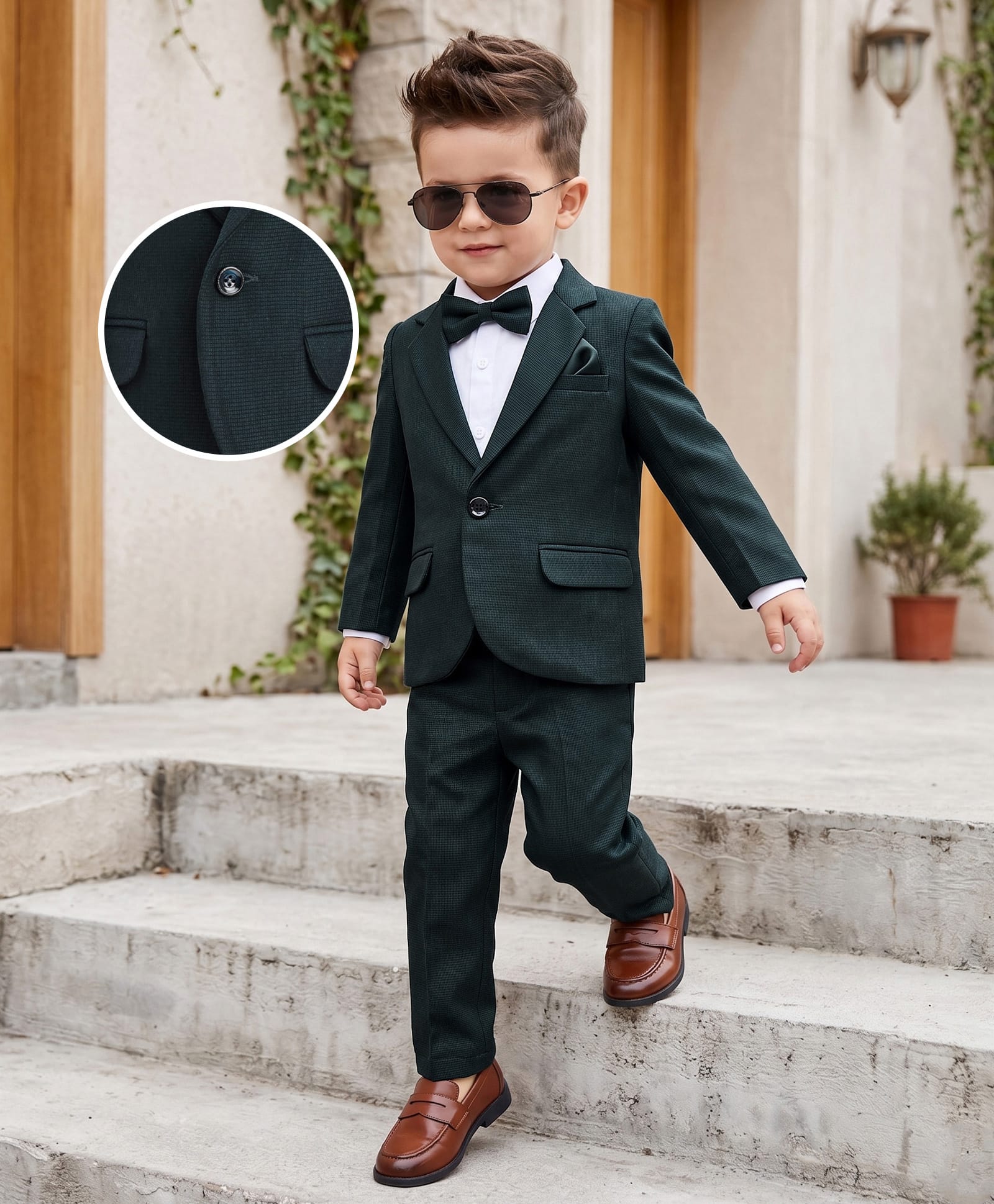 Robo Fry Cotton Woven Full Sleeves Solid 3 Piece Party Suit With Bow - Dark Green-picture-12