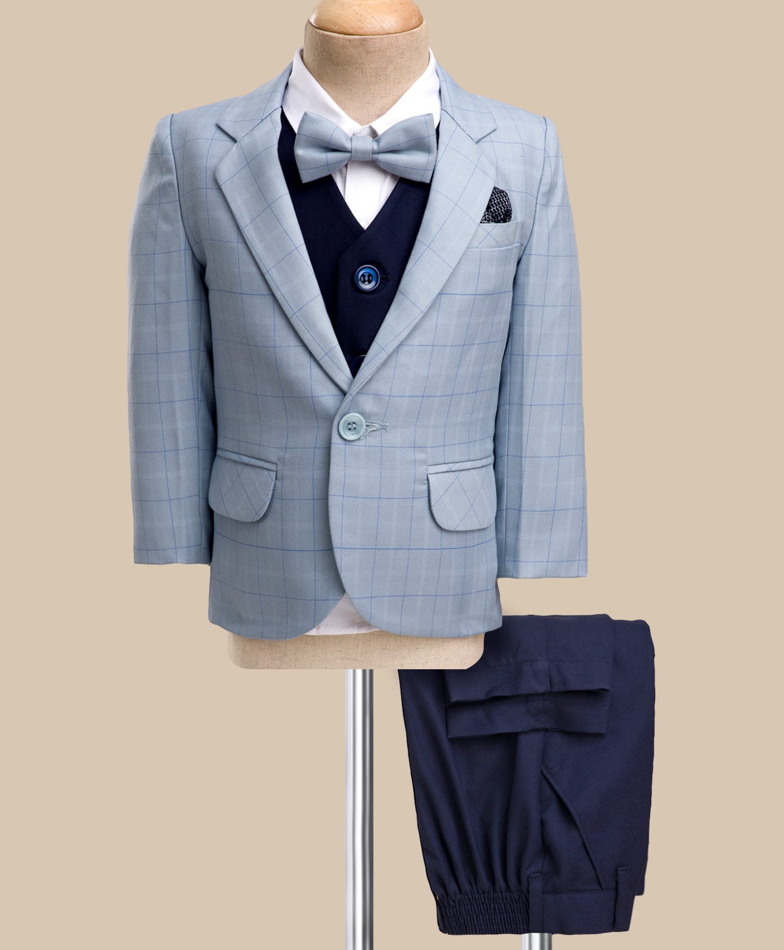 Robo Fry Cotton Woven Full Sleeves Checkered 4 Piece Party Suit with Bow - Light Blue-image-44