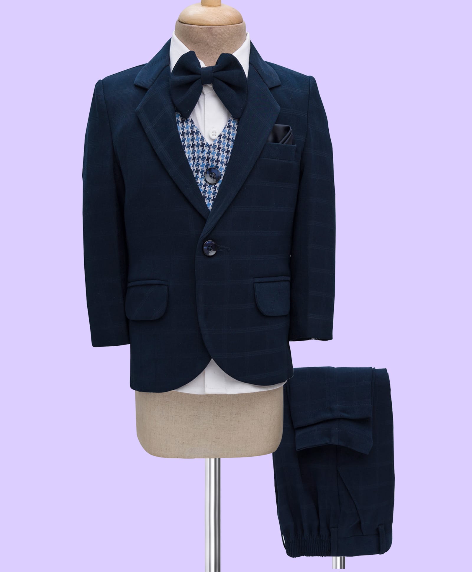 Robo Fry Cotton Woven Full Sleeves Solid Color 4 Piece Party Suit with Bow - Navy Blue-picture-35