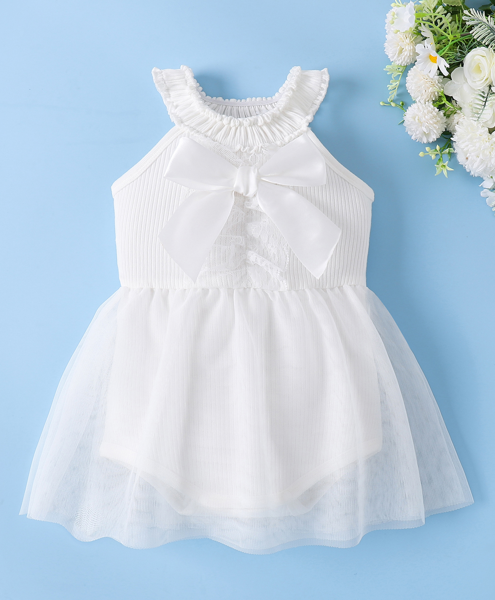 Mark & Mia Sleeveless Frock Style Onesie with Bow Applique - White-image-30