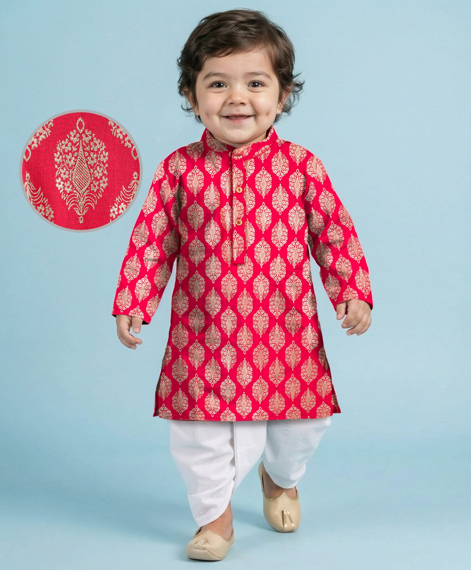 EARTHY TOUCH Cotton Jersey Knit Full Sleeves Kurta Dhoti Set With Floral Foil Print - Red-picture-16