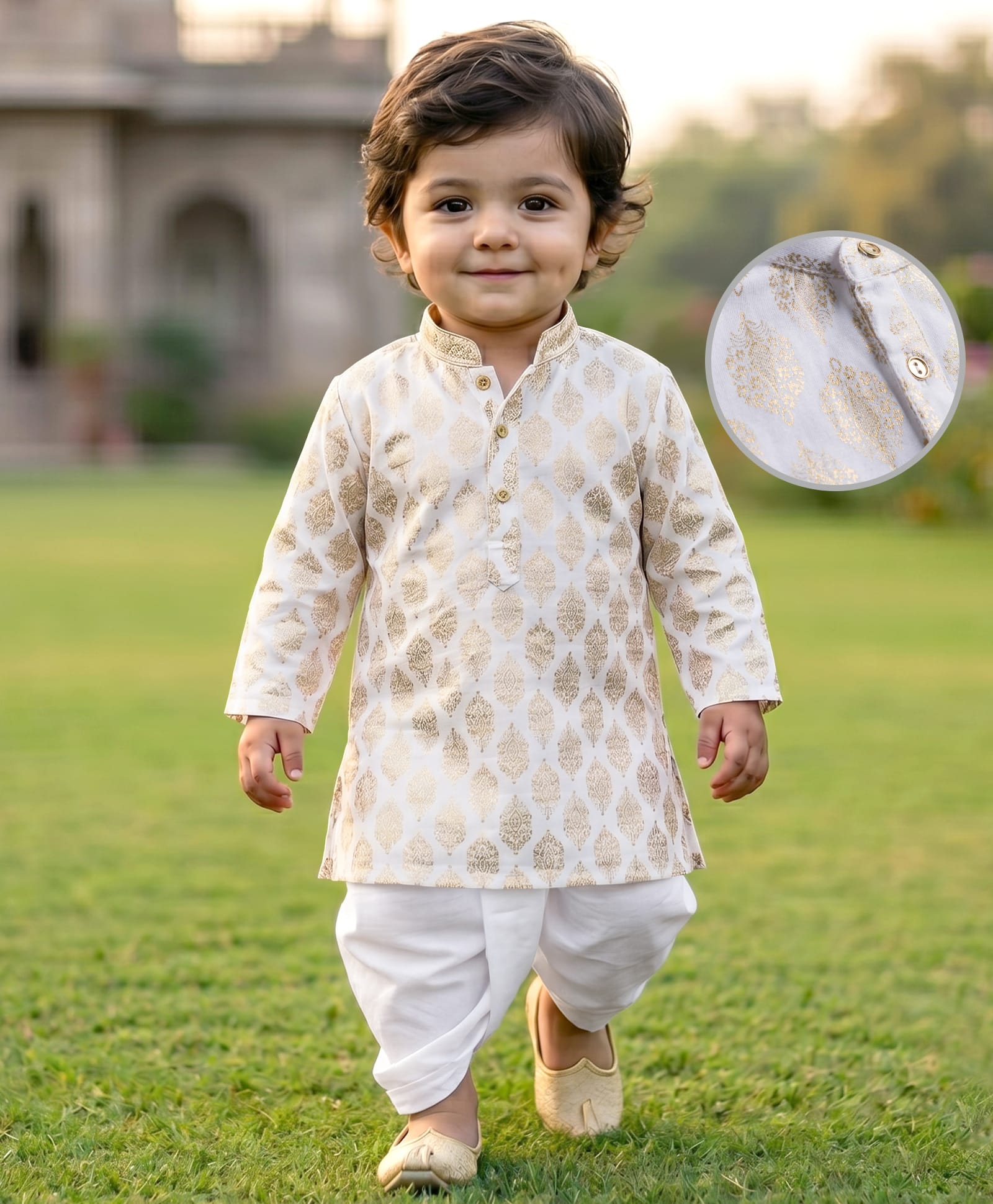 EARTHY TOUCH Cotton Jersey Knit Full Sleeves Kurta Dhoti Set With Floral Foil Print - Off White-picture-17