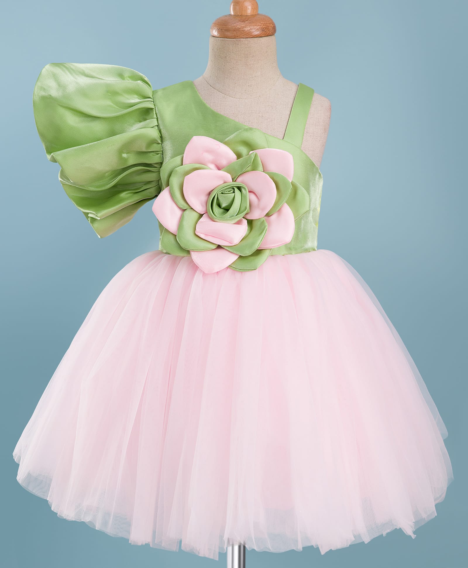 Enfance One Shoulder Floral Applique Detailed Knee Length Dress - Green-picture-10
