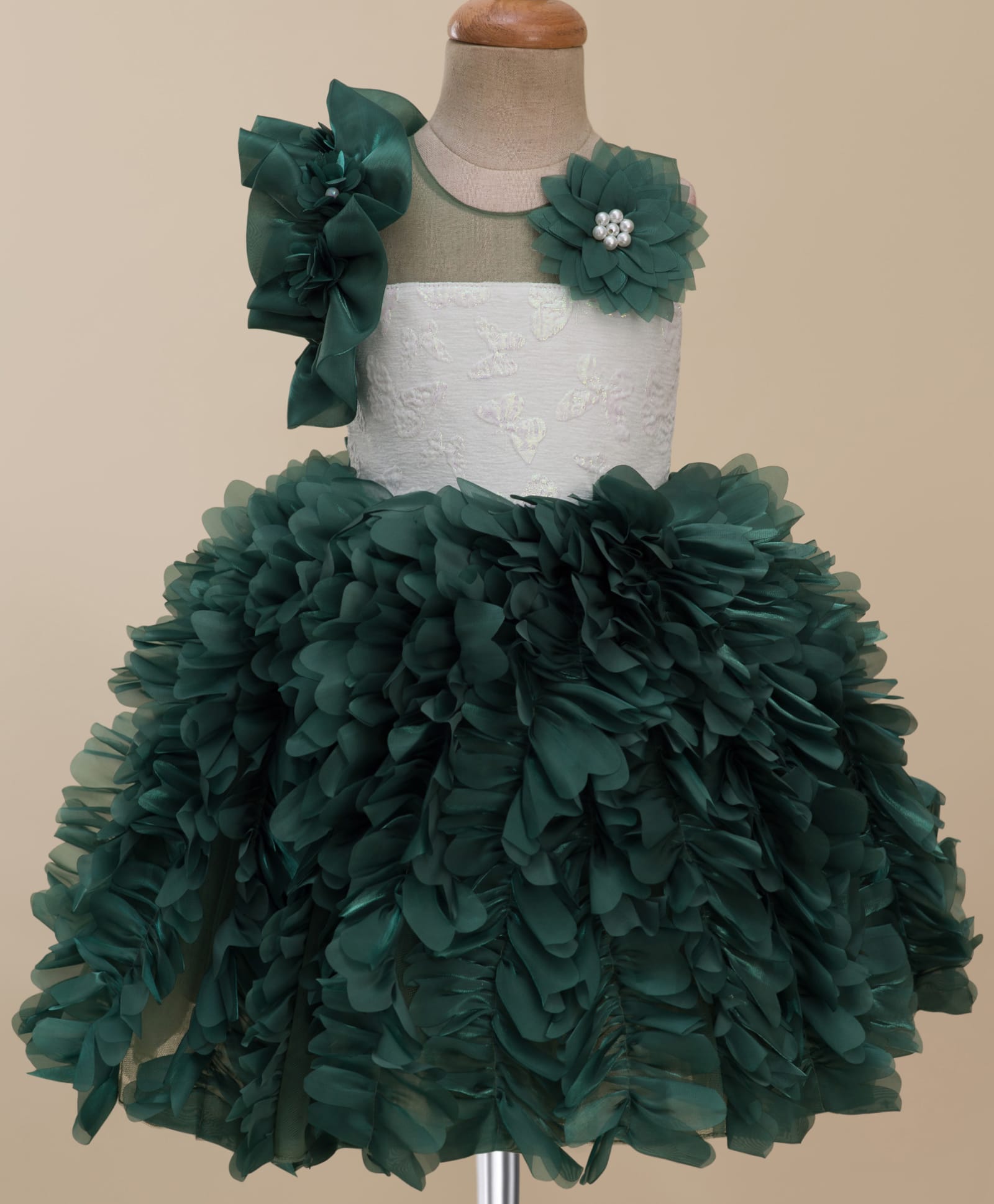 Enfance Sleeveless Pearls Embellished Floral Applique Detailed Knee Length Dress - Bottle Green-image-20