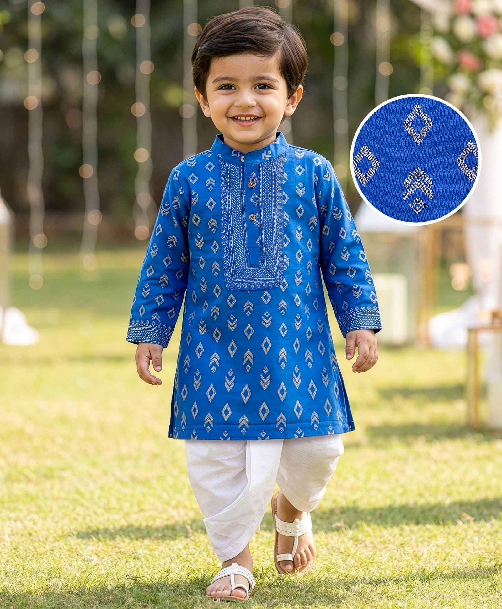 EARTHY TOUCH Cotton Jersey Knit Full Sleeves Kurta Dhoti Set With Foil Print - Blue-image-23