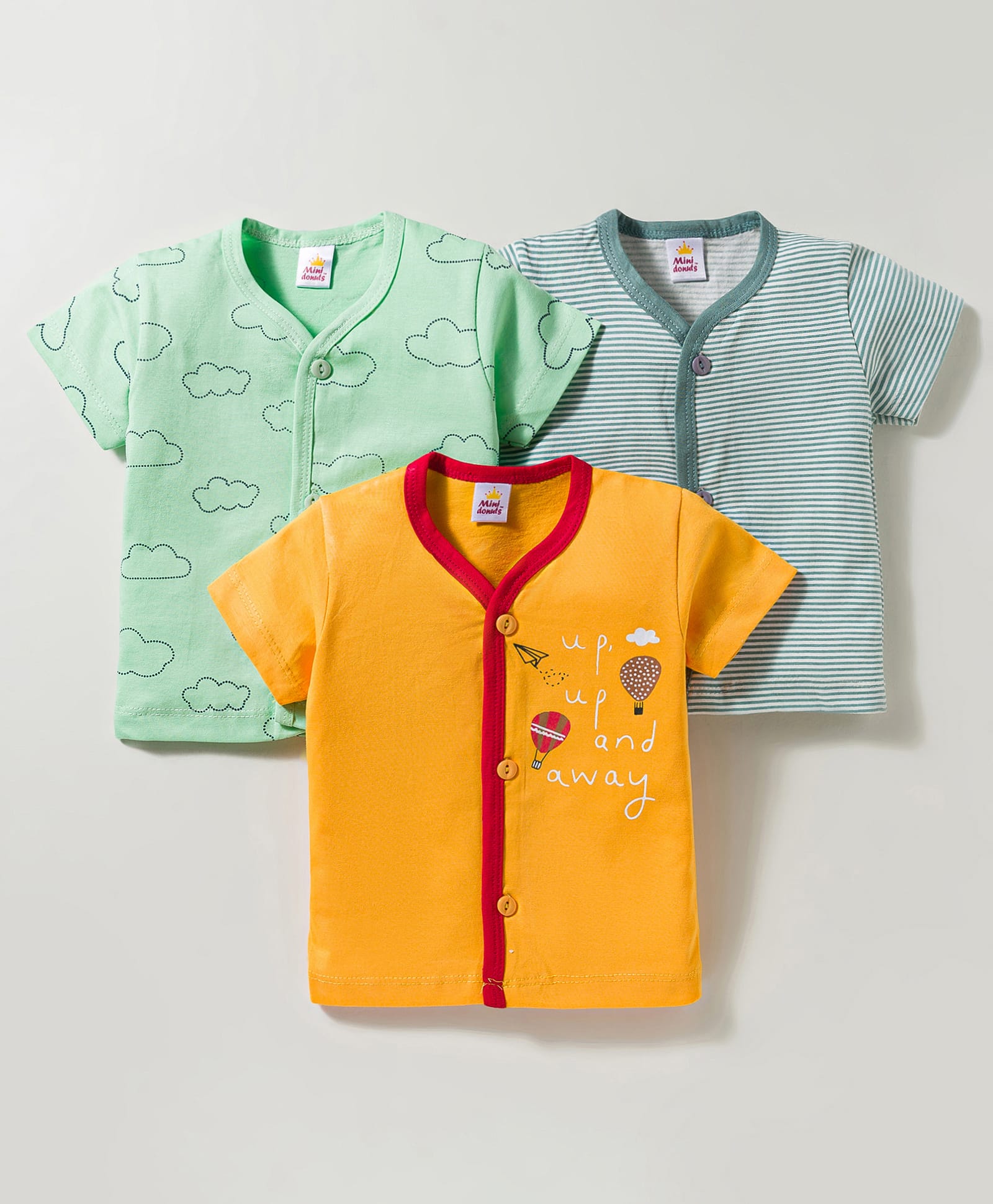 Mini Donuts Sinker Knit Half Sleeves Jahblas With Text Print Pack Of 3 - Yellow Light Green & Green-image-33