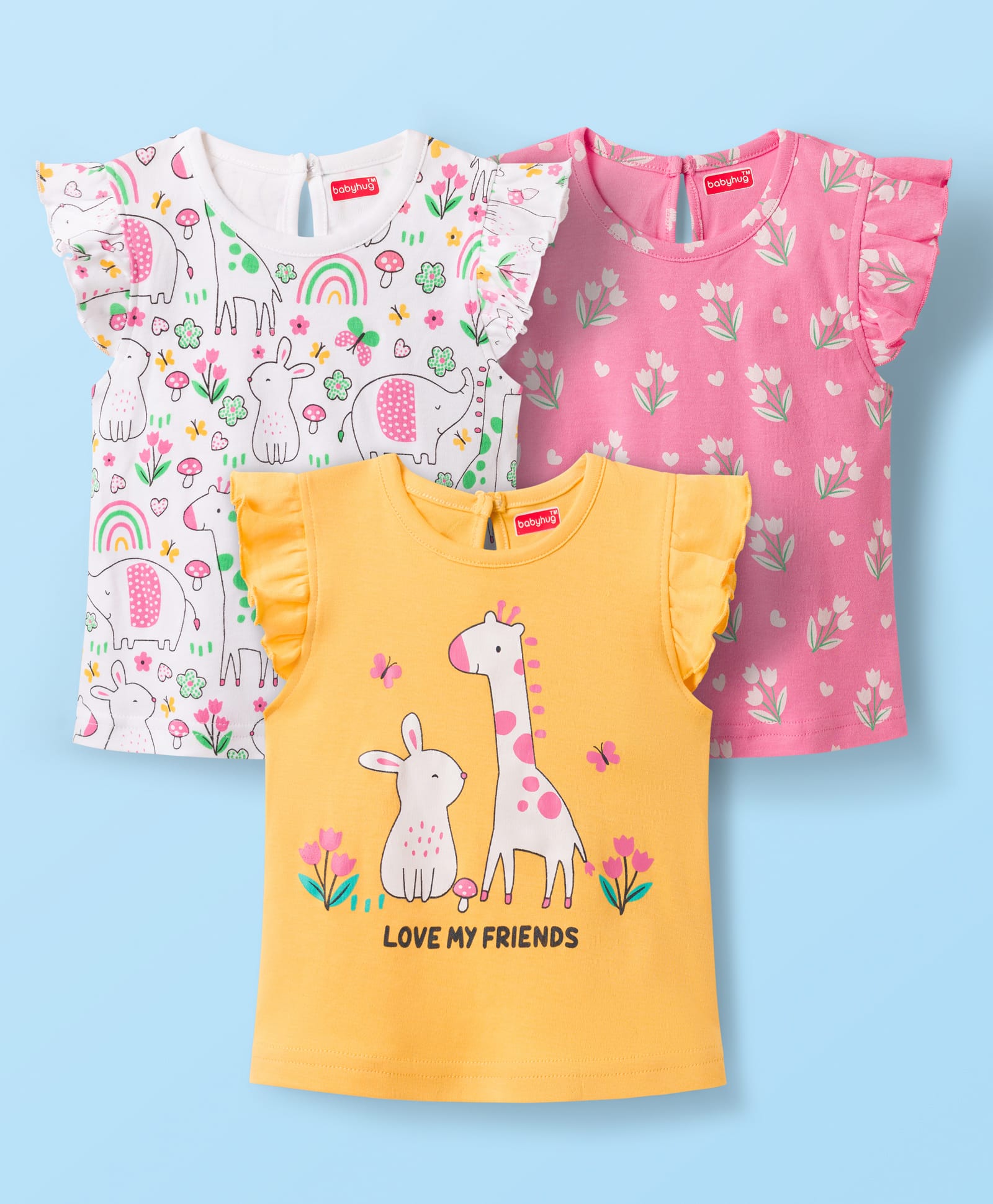 Babyhug Cotton Knit Frill Sleeves T-Shirts with Jungle Theme Print Pack of 3 - Yellow Pink & White-image-31