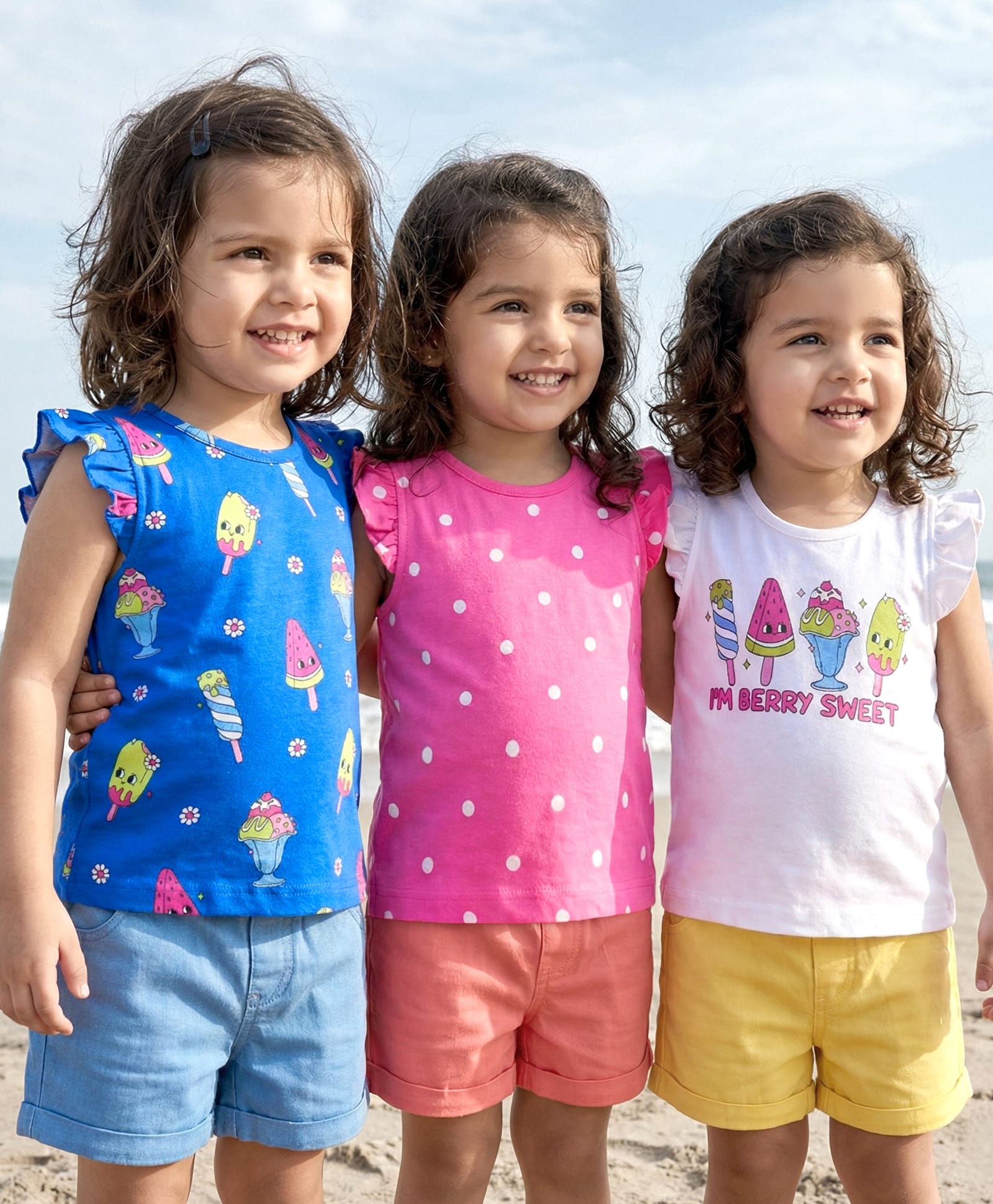 Babyhug Cotton Knit Frill Sleeves T-Shirts With Ice Cream & Polka Dot Print Pack of 3 - Blue Pink & White-picture-12