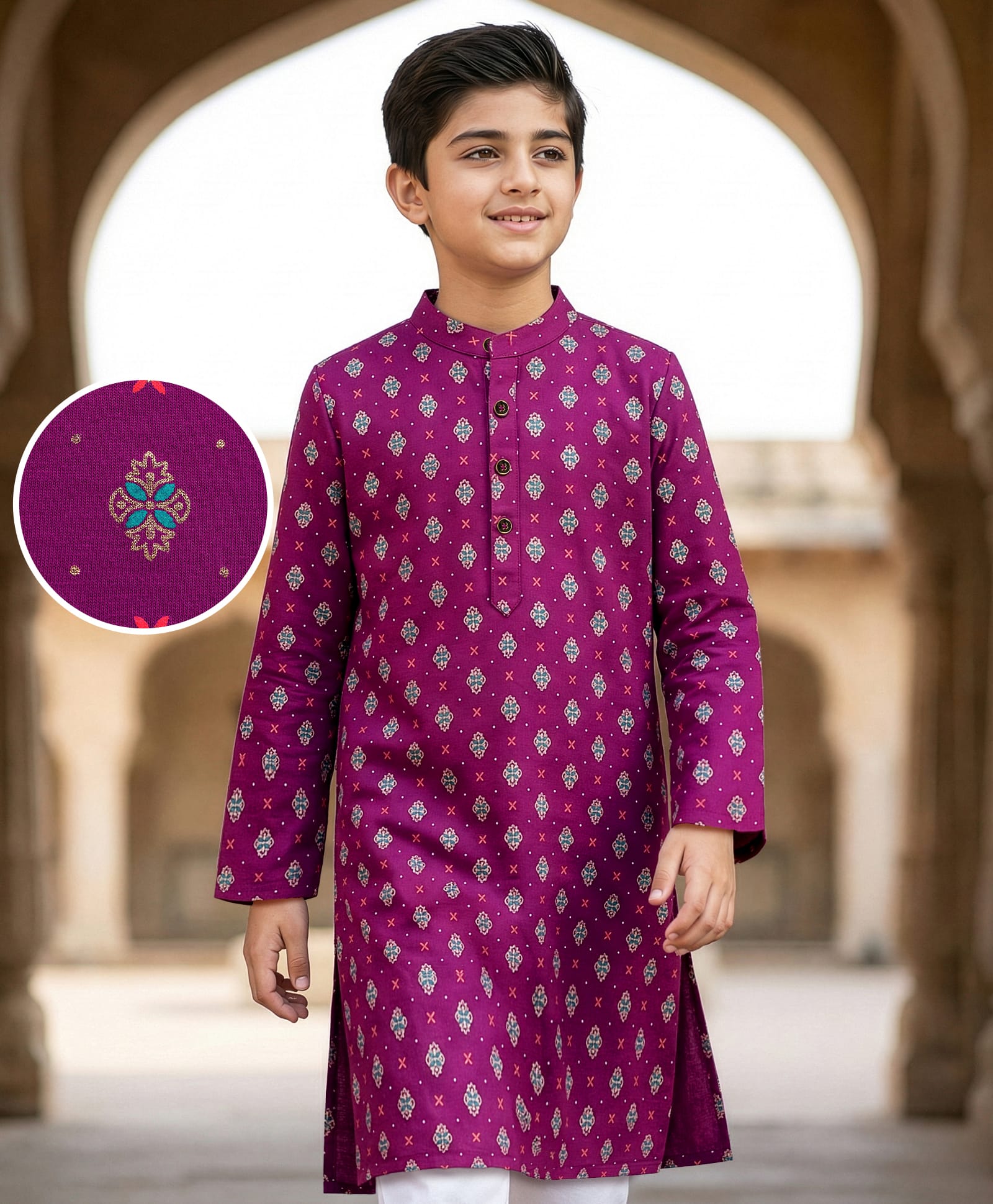 EARTHY TOUCH Cotton Knit Full Sleeves Kurta with Motif Glitter Print - Purple-picture-15
