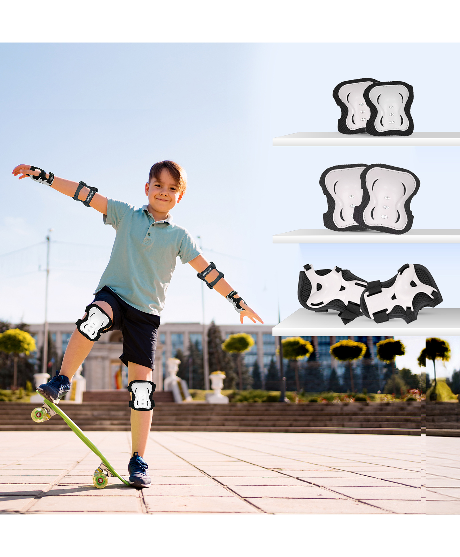R for Rabbit Safe Play Protector Pads for Kids Knee Elbow Wrist Guards Lightweight Adjustable for Cycling Skating & Other Sports PP Shell EVA Soft Liners Material Pads - White-picture-41
