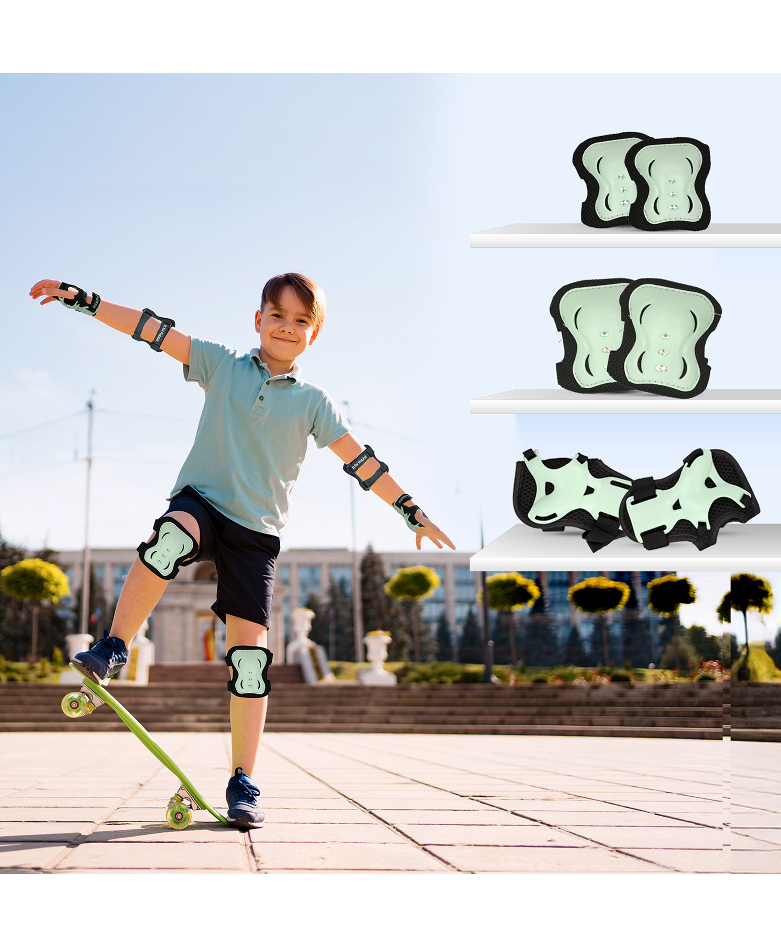 R for Rabbit Safe Play Protector Pads for Kids Knee Elbow Wrist Guards Lightweight Adjustable for Cycling Skating & Other Sports PP Shell EVA Soft Liners Material Pads - Green-picture-11