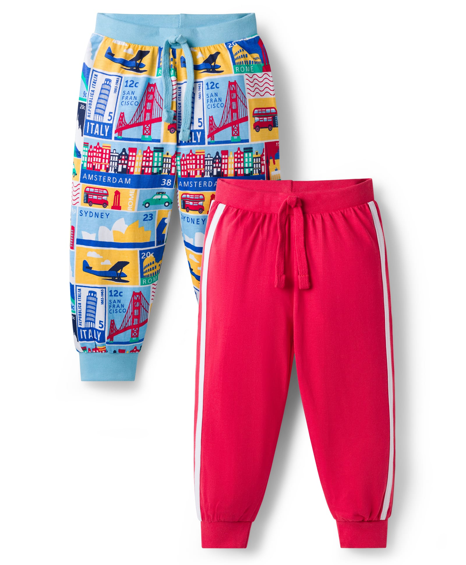 Babyhug Single Jersey Knit Full Length Lounge Pants with City Print Pack of 2 - Red & Light Blue-picture-31
