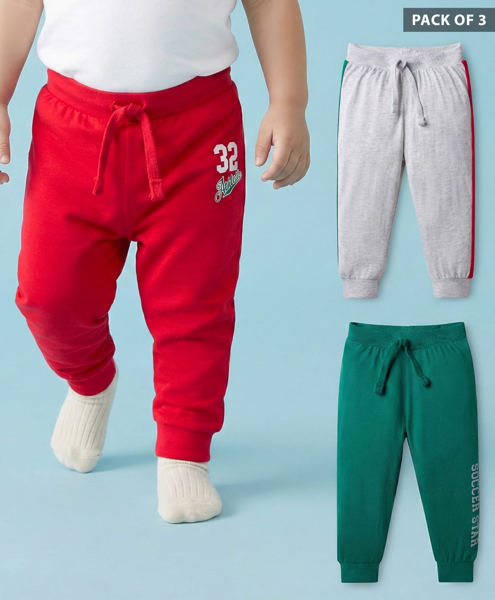 Babyhug Single Jersey Knit Full Length Solid Lounge Pants with Text Print Pack of 3 - Green Red & Grey-picture-11