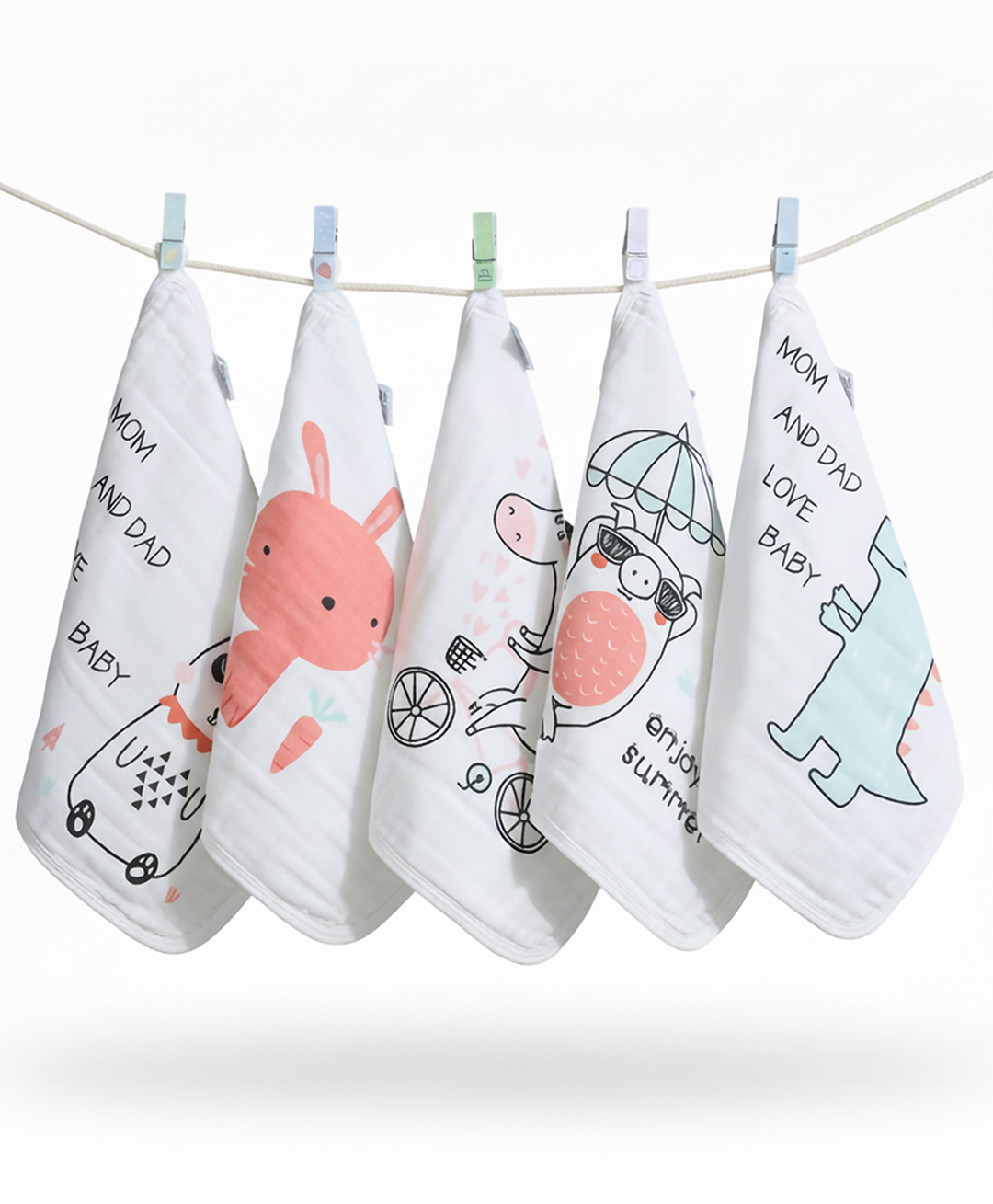 Baby Moo Cartoon Print Pack of 5 Muslin Napkin - White-image-24