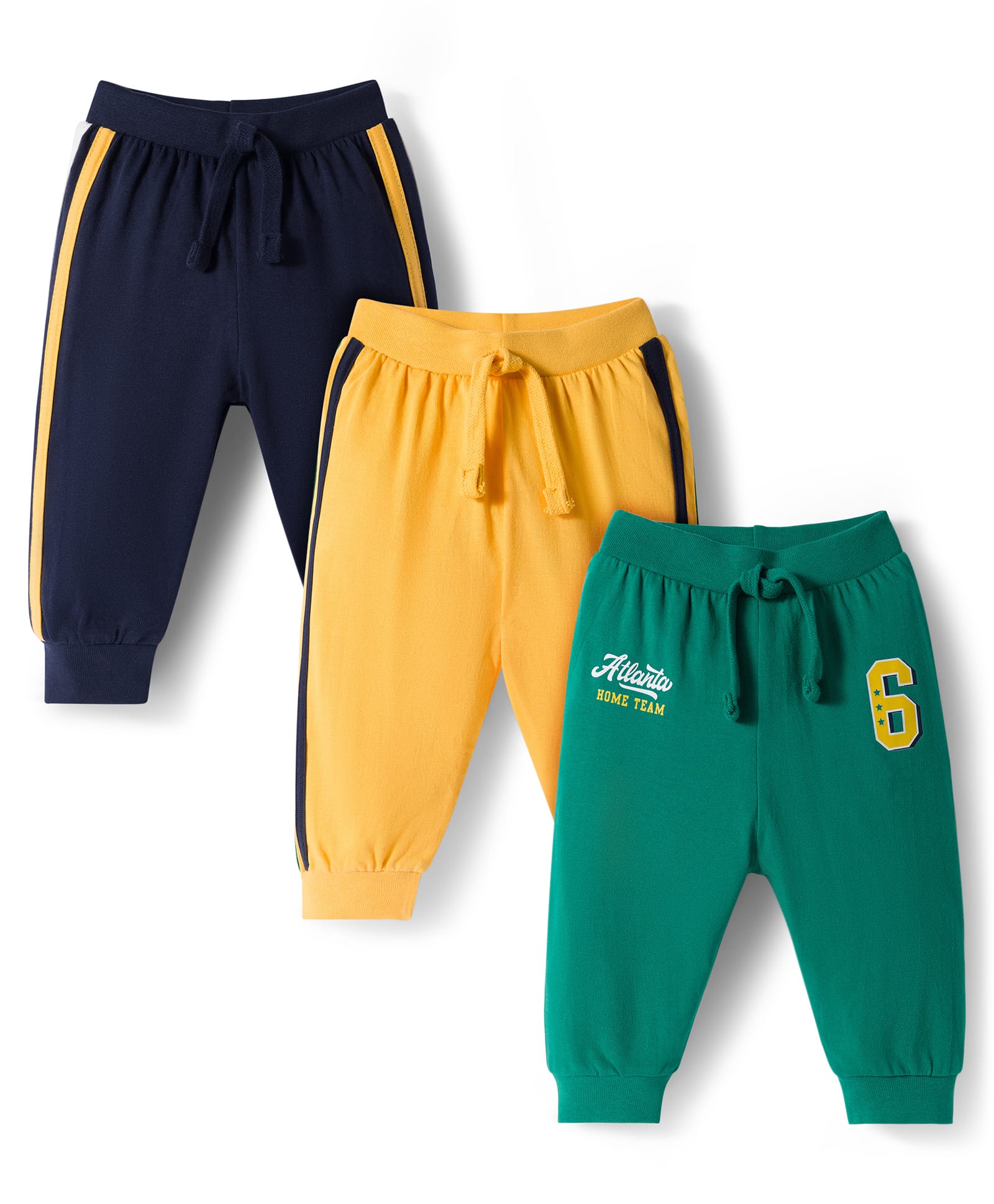 Babyhug Single Jersey Knit Full Length Lounge Pants with Sport Print & Tape Detailing Pack of 3 - Multicolor
