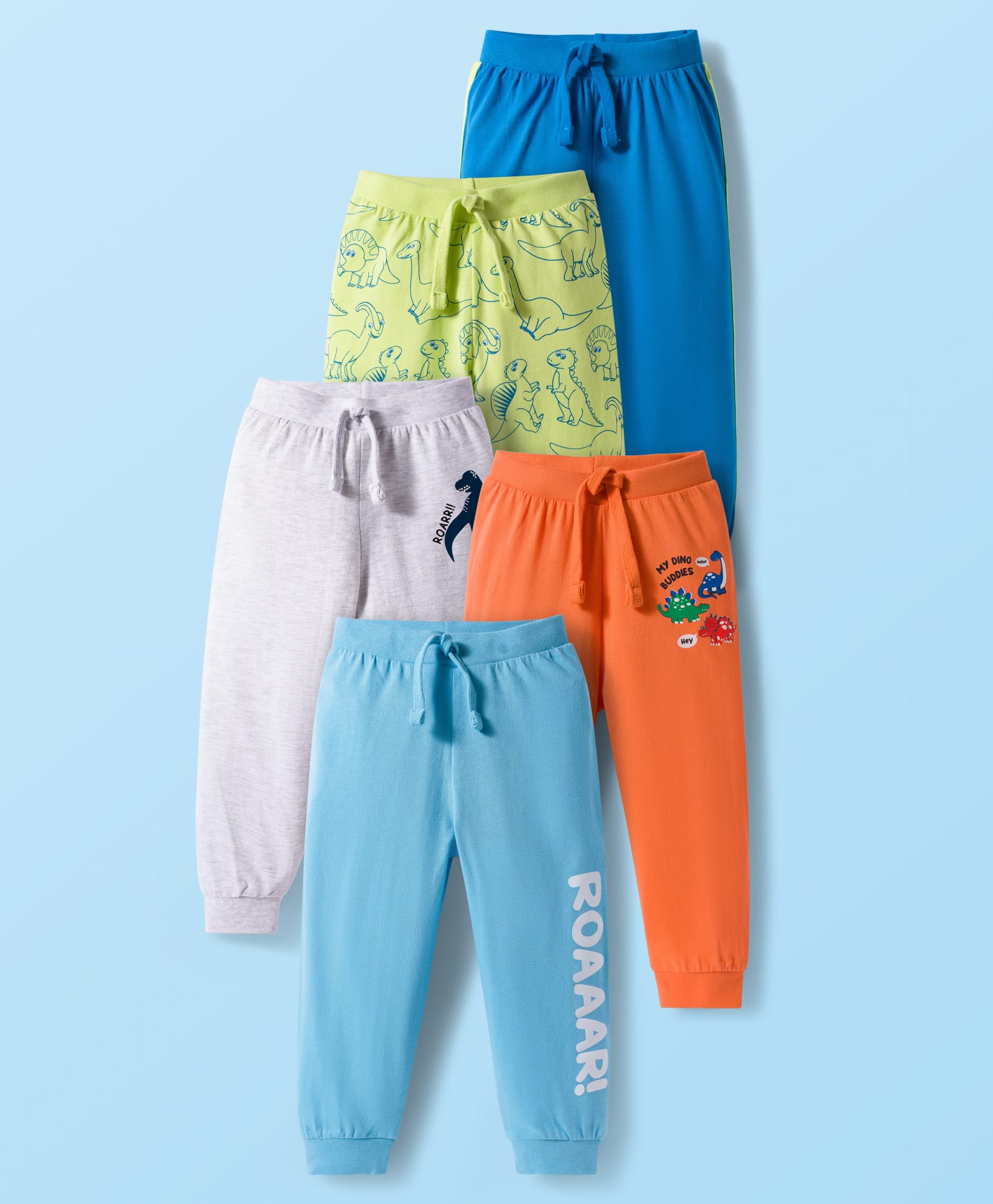 Babyhug Single Jersey Knit Full Length Lounge Pants With Dino Print Pack of 5 - Multicolor-picture-23