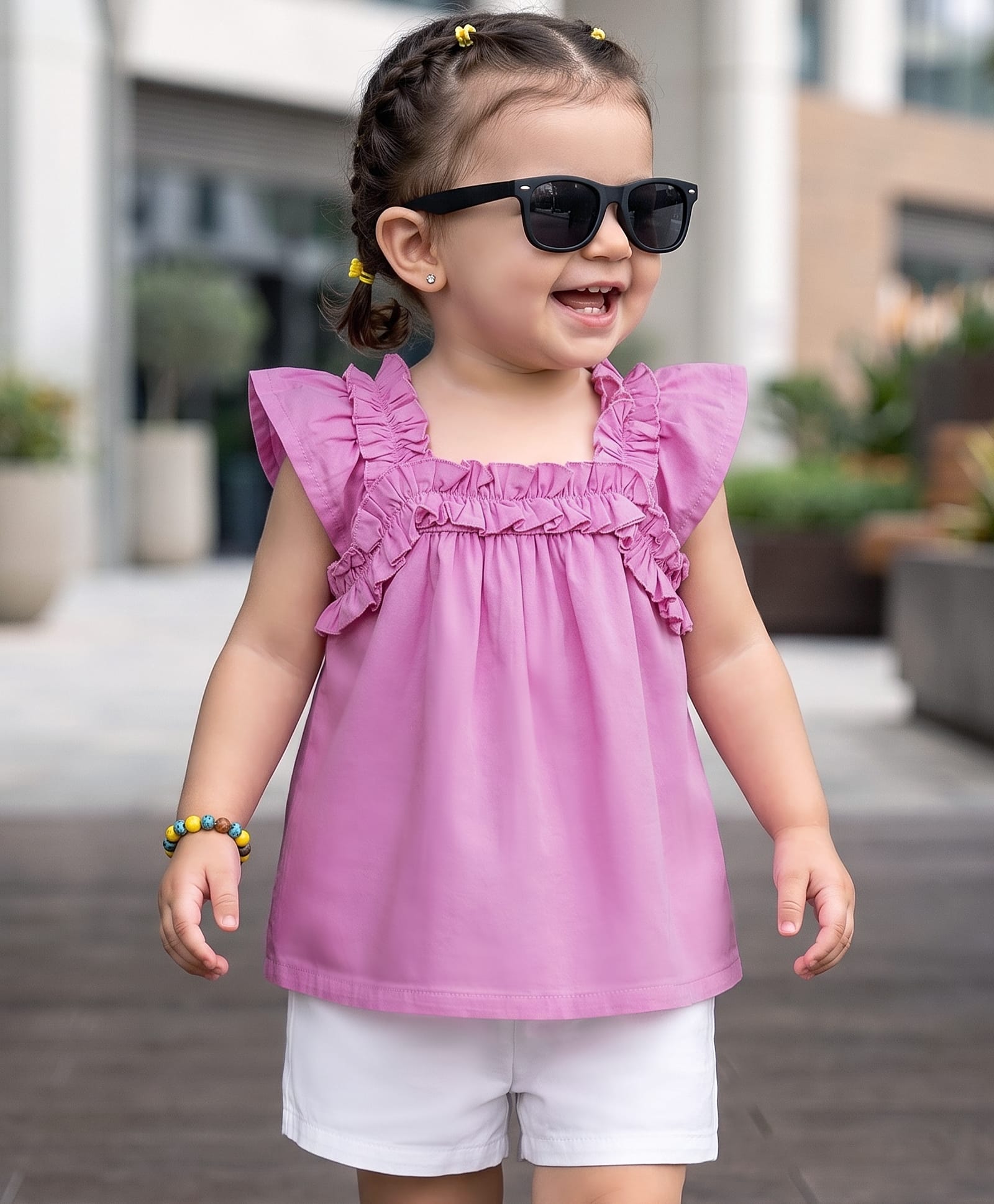 Babyoye Poplin Woven Half Sleeves Solid Top & Shorts Set - Lavender & White-image-44