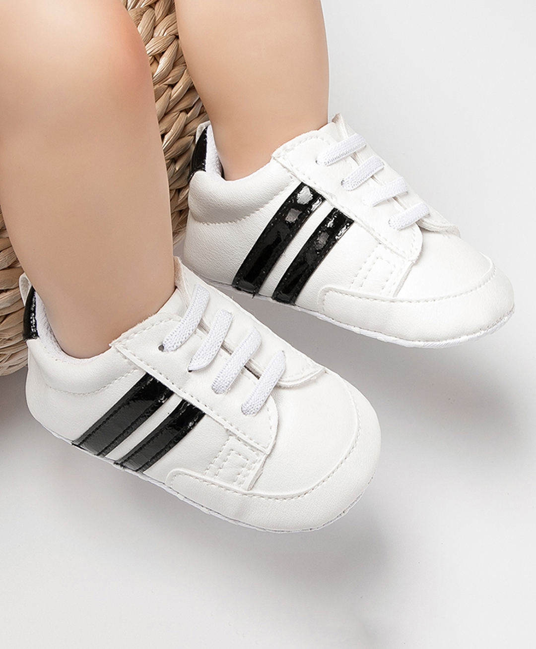 Neska Moda Striped Lace Up Booties - White & Black-image-39