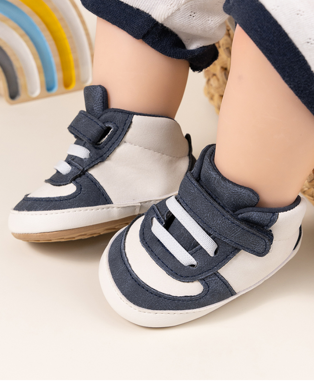 Neska Moda Colour Blocked Velcro Closure Booties - White & Blue-image-38