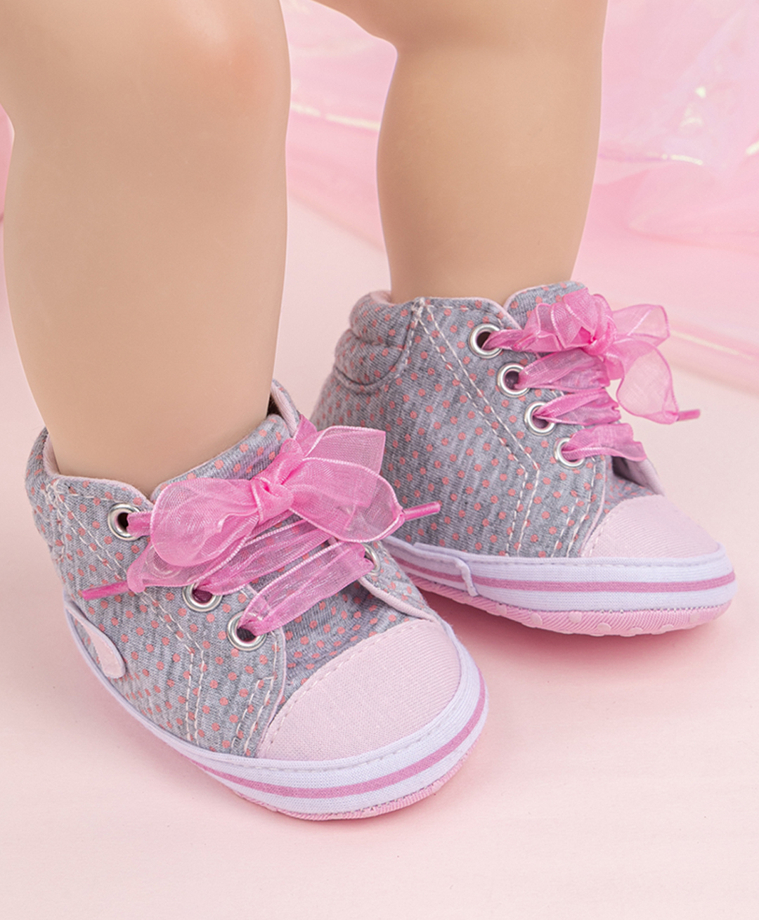 Neska Moda Bow Applique Glitter Detailed Lace Up Booties - Grey & Pink-picture-5