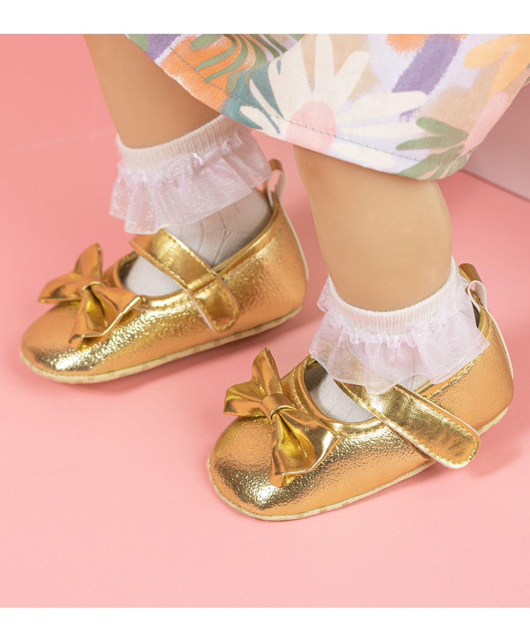 Neska Moda Fancy Anti Slip Bow Applique Detailed Velcro Closure Ballerinas - Golden-picture-18
