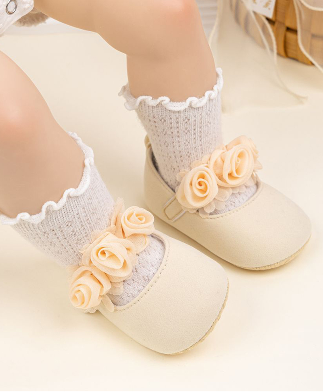 Neska Moda Fancy Anti Slip Floral Applique Detailed Velcro Closure Ballerinas - Beige-image-6