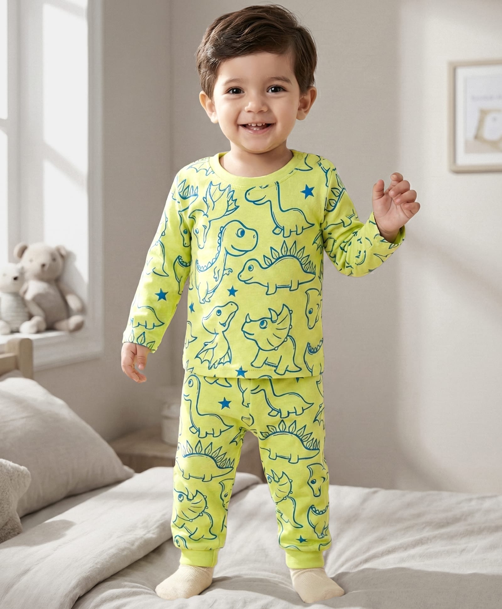 Babyhug Cotton Knit Full Sleeves Co-ords T-Shirts & Pajama Night Suit with Dino Print - Yellow-image-22