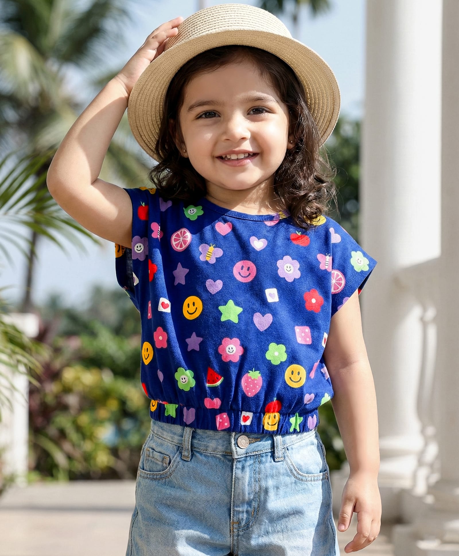 Babyhug Cotton Knit Half Sleeves Cropped T-Shirt With Fruit & Floral Print - Navy Blue-image-9