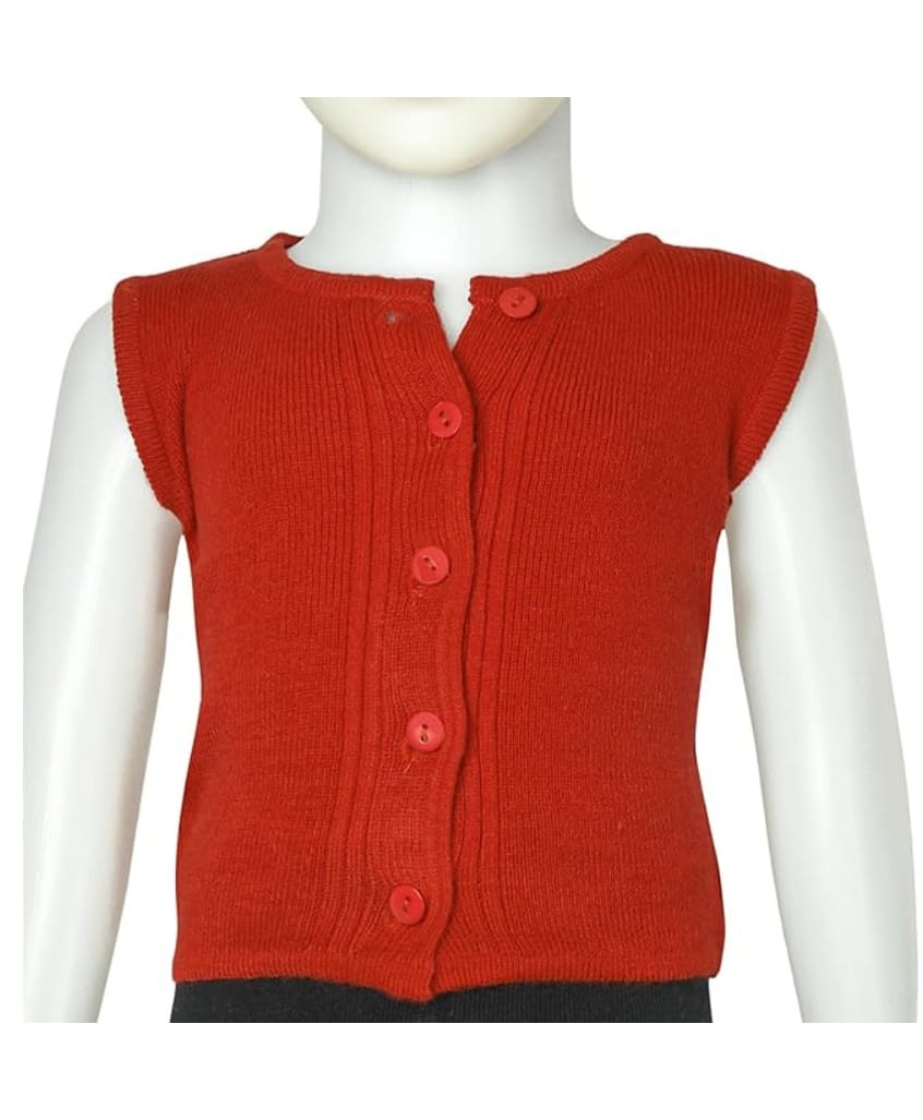 The little lookers Wool Woven Sleeveless Solid Sweater Vest - Red-image-7