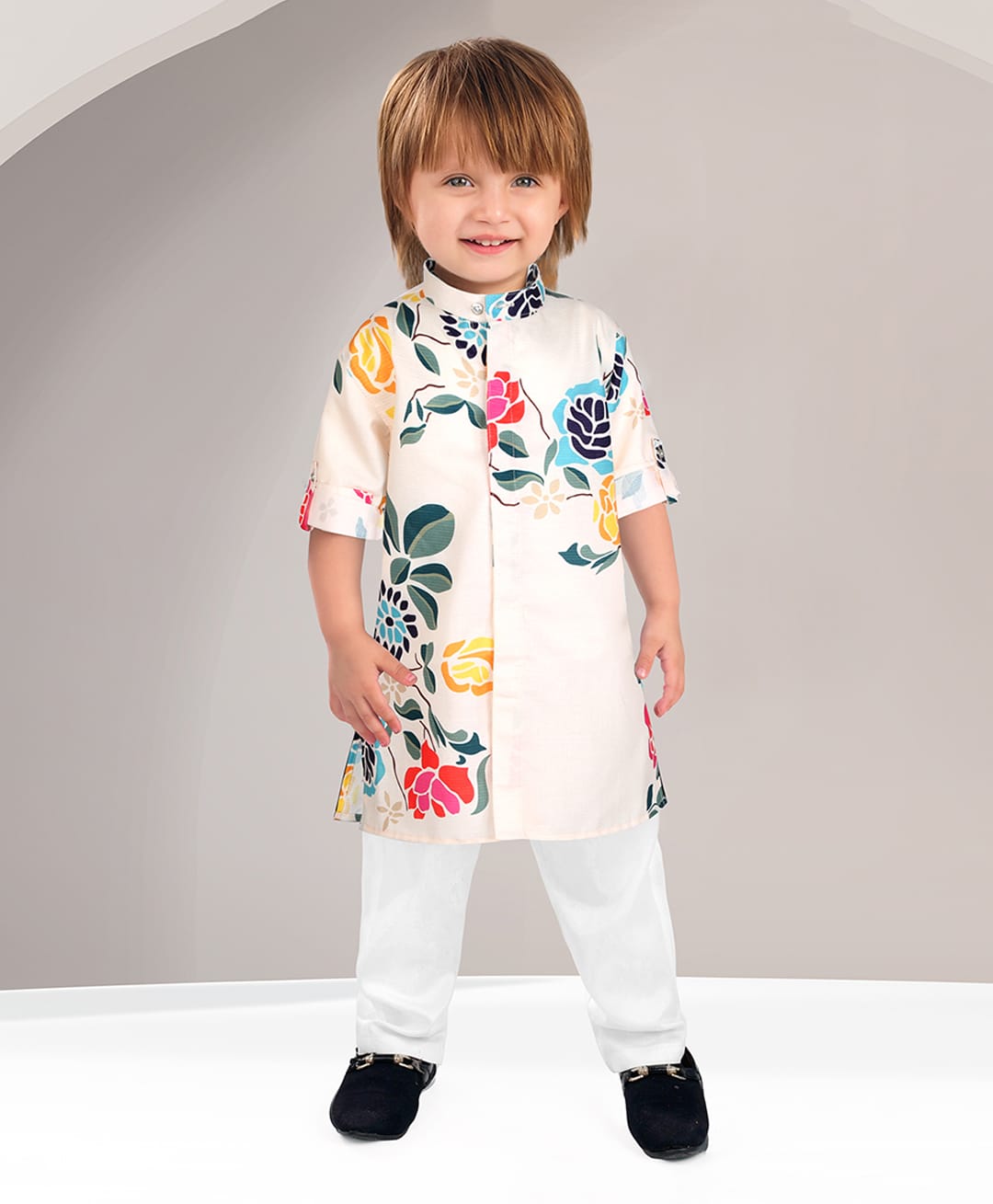 BAD BOYS Cotton Lurex Woven Full Sleeves Floral Printed Kurta Pyjama Set - Cream-image-4