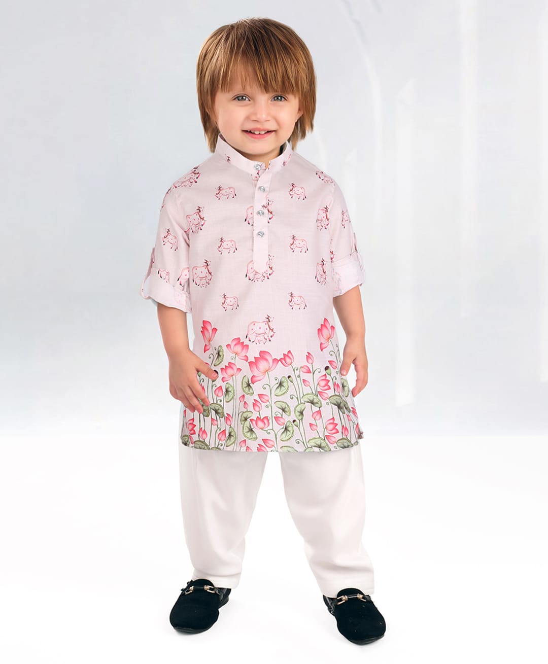 BAD BOYS Cotton Lurex Woven Full Sleeves Floral & Cow Printed Kurta Pyjama Set - Peach-image-6